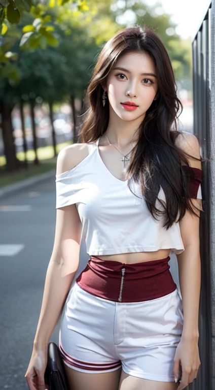 Urban beautiful girl college student, Masterpiece, Light makeup, red lips, silver hair, long messy hair, road background, beautiful, elegant. Very detailed details, Original work, Real texture, Realism of cinematic lighting, perfect job, 8k, high resolution, exquisite face, Tight white off-the-shoulder crop top., Clear white tight shorts, Open your stomach wide,Slim shape, big bright eyes, Smooth skin, earring, necklace, tattoo