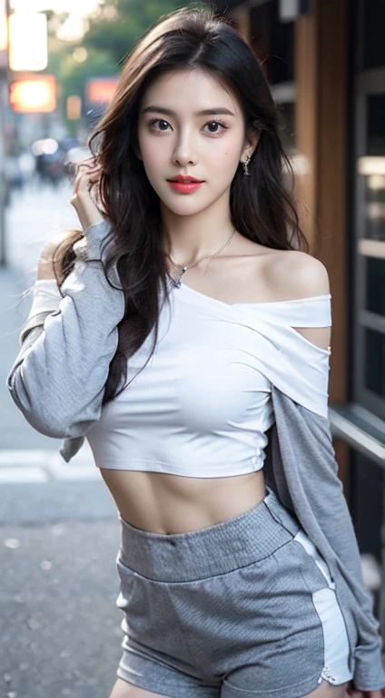 Urban beautiful girl college student, Masterpiece, Light makeup, red lips, silver hair, long messy hair, road background, beautiful, elegant. Very detailed details, Original work, Real texture, Realism of cinematic lighting, perfect job, 8k, high resolution, exquisite face, Tight white off-the-shoulder crop top., Clear white tight shorts, Open your stomach wide,Slim shape, big bright eyes, Smooth skin, earring, necklace, tattoo