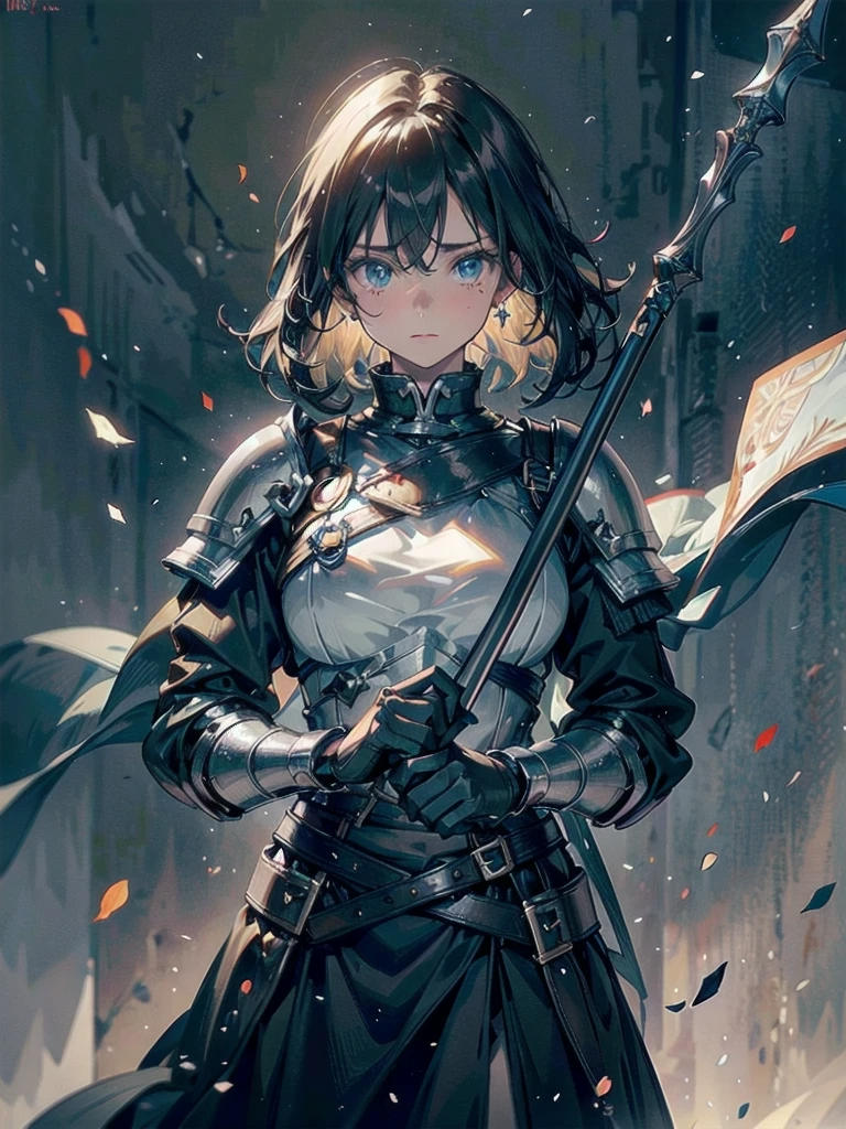 whole body, Blind Mask, holy paladin, spear, dark Heavy armor, absurdres, RAW photo, extremely delicate and beautiful, masterpiece, Best Quality, ultra high resolution, 32k, hyperrealistic, ultra-detailed, detailed description, pale skin, 20 years old, detailed beautiful face and eyes, tearful mole, earring, Colossal tits, short medium hair, wavy hair,