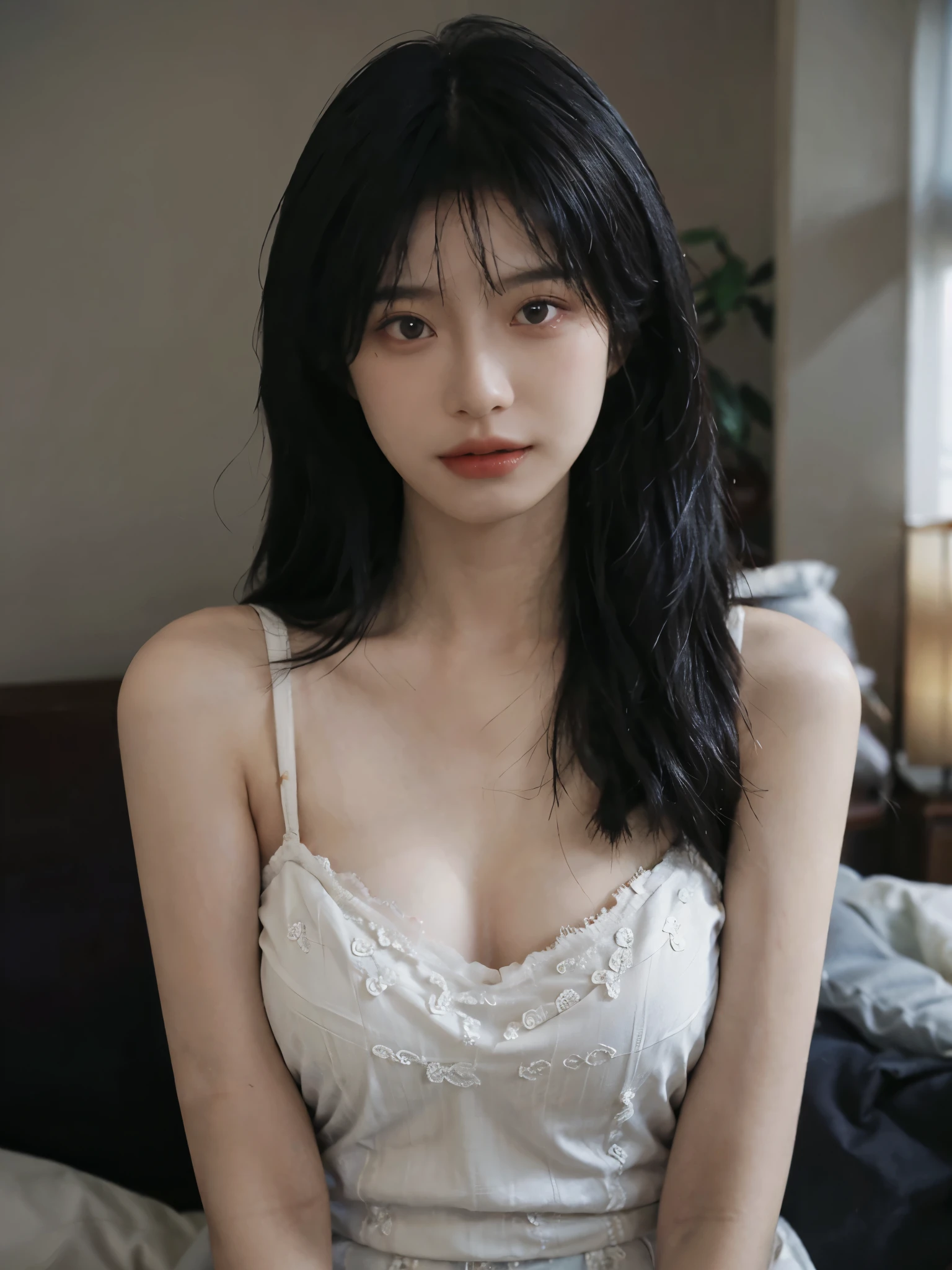 Film Portrait Photography, 1 girl, Bare shoulders,Lipstick,Black lace eye patch,(Bra:1.4),Sunlight, Shoulder-length straight hair, serene, calm, (逼真且Detailed眼睛, Natural skin texture, Realistic facial details), Soft dramatic lighting, Depth of Field, Bokeh, Vivid details, Detailed, Surrealism, 35 mm film, hazy, ,