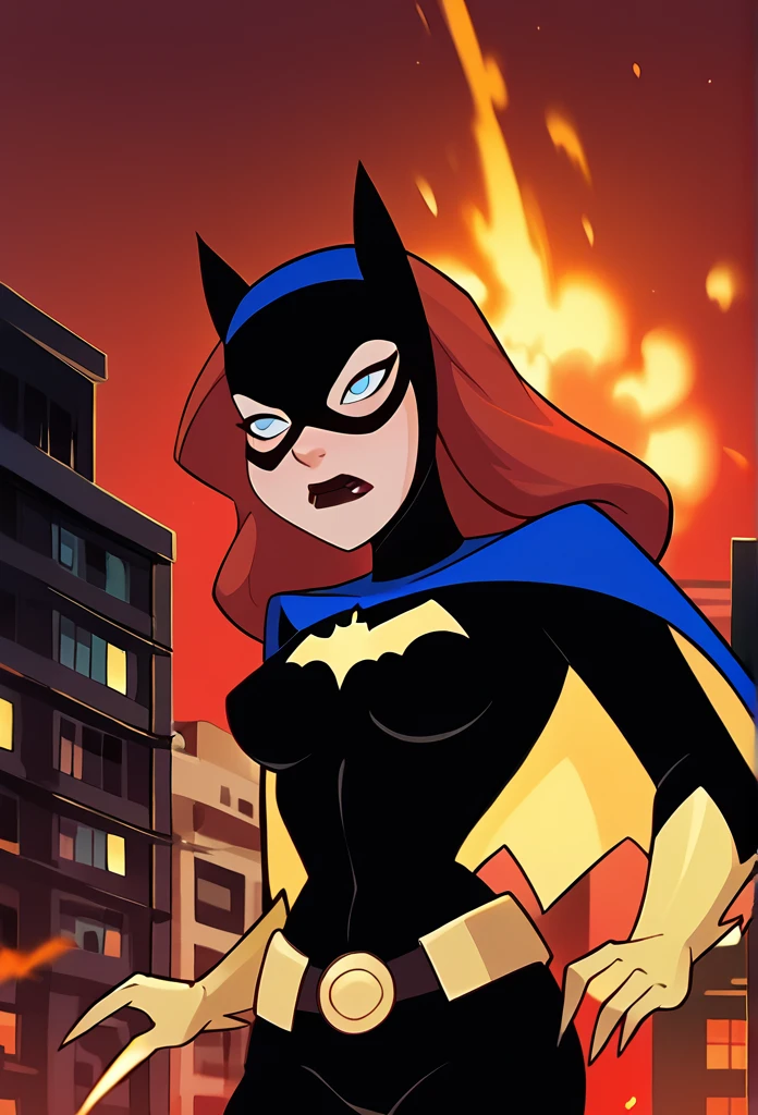 score_9, score_8_up, score_7_up, score_6_up, 1girl, solo, batgirl is running in front of an explosion, mask, black lips, red hair, belt, torn bodysuit, black bodysuit, sideboob, pointy breasts, cape, yellow gloves, gotham city, red sky, dirigible, bloom