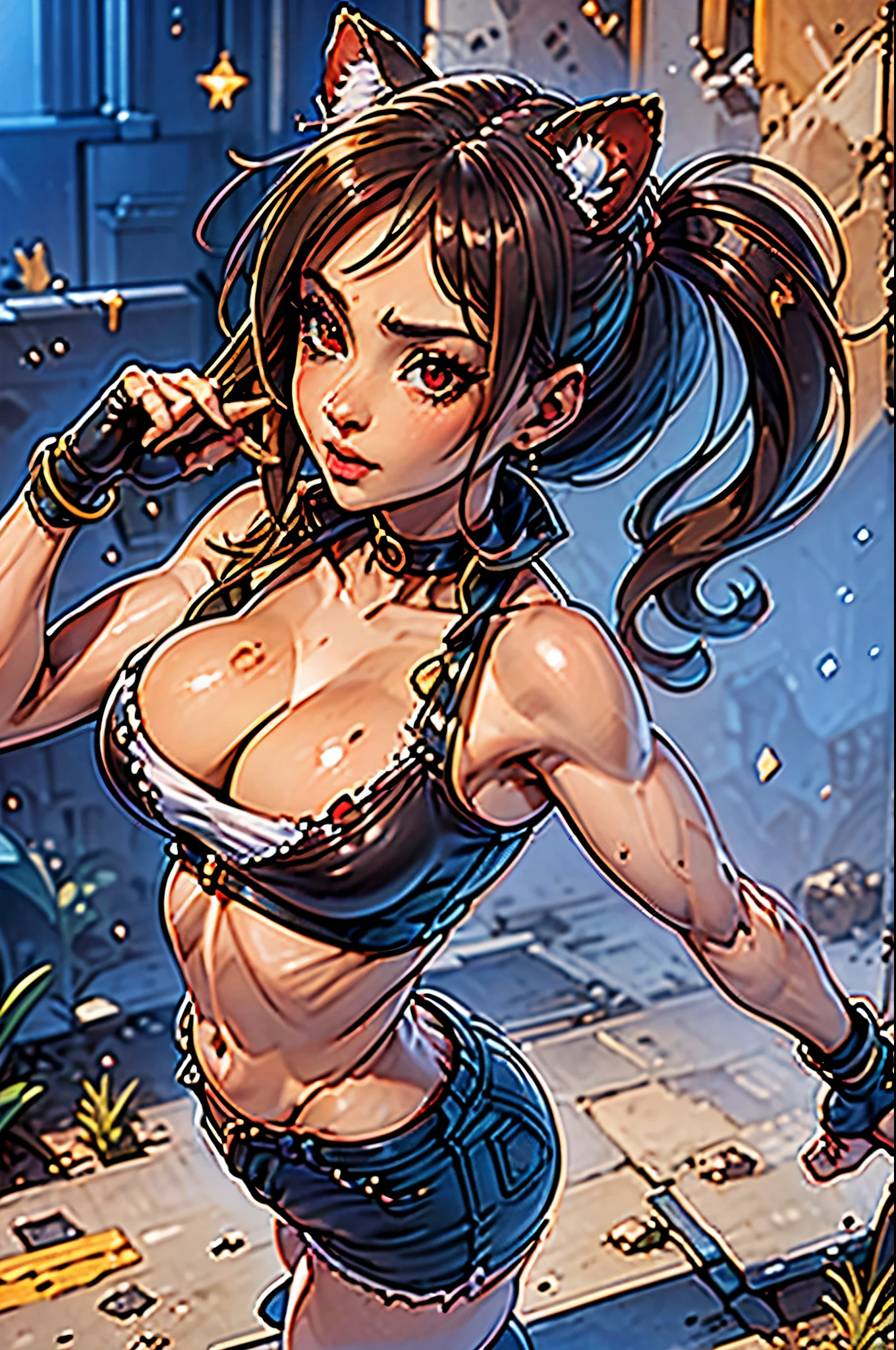 junkotvv, (Obra maestra), mejor calidad, ojos expresivos, cara perfecta, high resolution, (8k), (cara perfecta), (ultra detalles), 1 chica, solo, chica terry bogard, pelo negro, cola de caballo, red eyes, pelo largo orejas de gato, gorra de beisbol, guantes sin dedos, shorts de mezclilla, zapatos, manos en el propio pecho
, rubor, Atemorizado, angustiado, Boquiabierto, room background, sin posar, de pie, retrato, mirando abajo