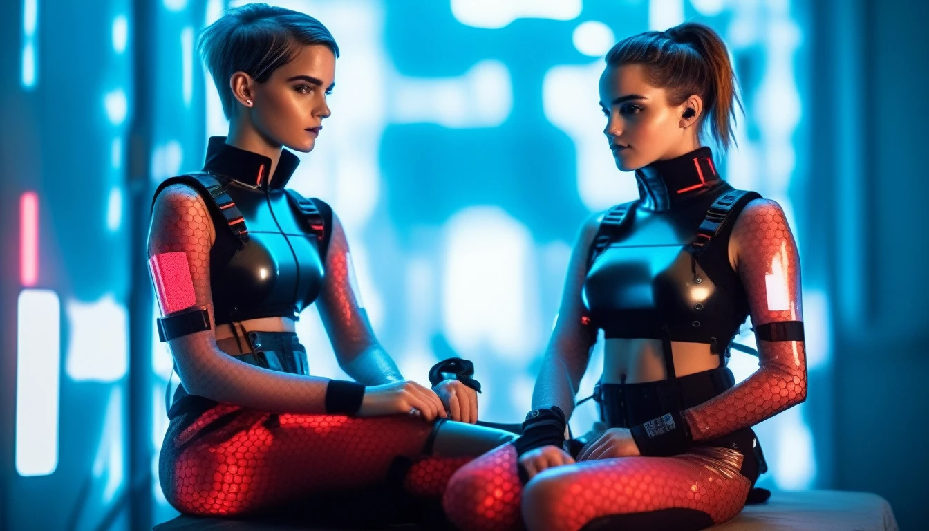 Two young female hackers sitting in a cyberpunk hackerspace with large windows in a cyberpunk metropolis facing the viewer, right arm resting on the waist, left arm held forward holding a cyberdeck with a transparent screen, short silverwhite undercut haircut, immaculate skin, thoughtful look on the face, sweat on the skin, full lips, small breasts, legs crossed, fullbody black and red translucent skintight cyberpunk underarmor with intricate hexagon pattern, synthetic utility vest with attached wearable computer, utility belt with multimeter and some probes attached, thigh high translucent latex boots, cutoff gloves, no makeup, natural fingernails, emma watson, edgFut_clothing, neons, electric circuits