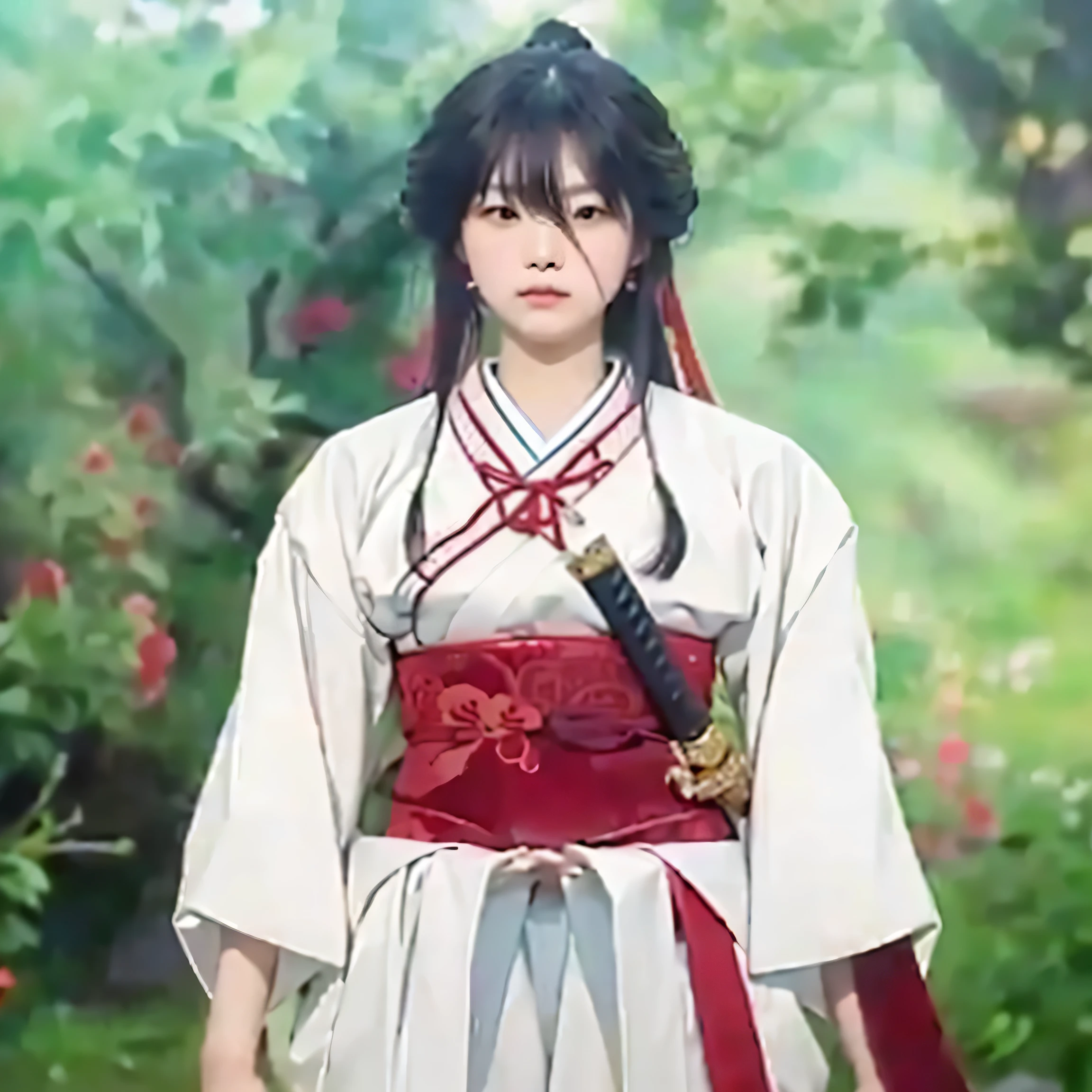 a close up of a person in a traditional japanese white and red outfit, she has a katana sword, still pose, the piercing stare of a japanese woman