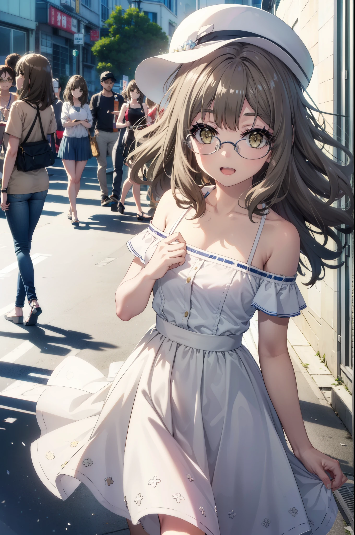 riofutaba, rio futaba, Long Hair, Brown Hair, (Brown eyes:1.5), Glasses,happy smile, smile, Open your mouth,White hat,Off-the-shoulder dress,bare clavicle,Bare shoulders,Bare neck,Long skirt,Cute heeled sandals,Real Summer,Daytime,sunny,whole bodyがイラストに入るように,crowd, people々々々
break outdoors, city,Coastal Road,
break looking at viewer, whole body, 
break (masterpiece:1.2), highest quality, High resolution, unity 8k wallpaper, (shape:0.8), (Beautiful details:1.6), Highly detailed face, Perfect lighting, Extremely detailed CG, (Perfect hands, Perfect Anatomy),