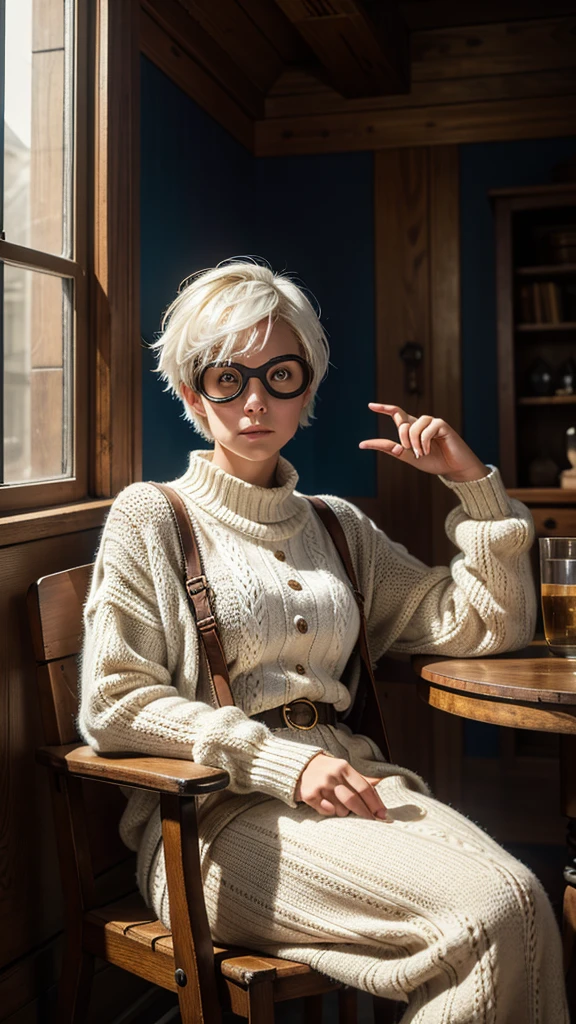 A striking portrait of a woman with short white hair, dressed in a cozy knitted outfit and steampunk-inspired goggles. is sitting in a vintage wooden chair, his fur displaying a stunning array of vivid colors, from deep blues to golden highlights. His eyes have a mysterious glow when he looks into the distance. The background is a mix of soft natural light and volumetric effects, creating a cinematic atmosphere. A clock tower can be seen through the window, its hands pointing to a mysterious hour. The high-quality image, captured in 8k fine art photography, showcases the artist's ability to create photorealistic conceptual art that captivates the viewer.