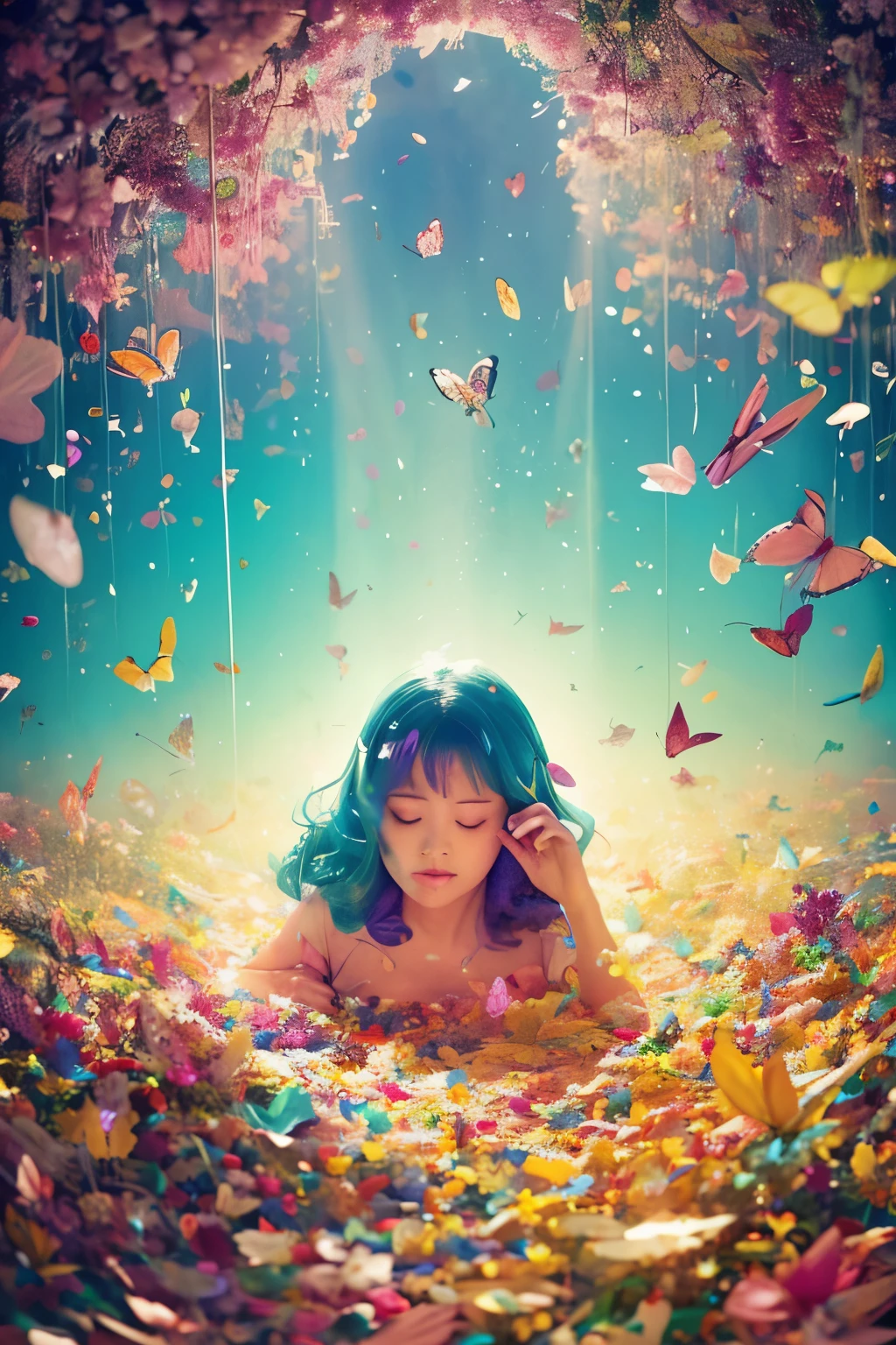 A colorful woman, like a fairy floating in the sky, is surrounded by countless butterflies, flower petals and soap bubbles, creating an otherworldly atmosphere.