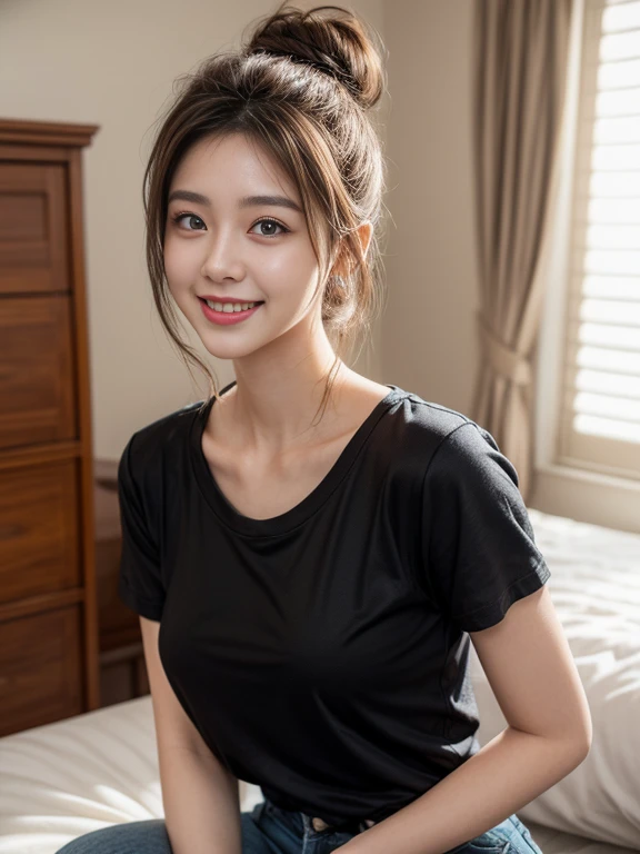 25years old , hair up, super big hair up, wearing black big t-shirt, (smile:1.2), background bedroom, (photorealistic:1.2), (ultra realistic:1.3), (very detailed:1.1), ((masterpiece)), small round breast, full korean