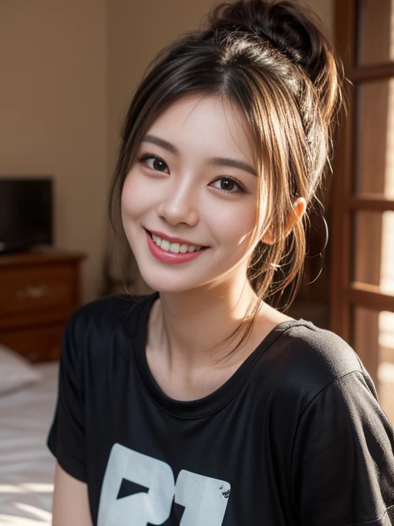 25years old , hair up, super big hair up, wearing black big t-shirt, (smile:1.2), background bedroom, (photorealistic:1.2), (ultra realistic:1.3), (very detailed:1.1), ((masterpiece)), small round breast, full korean