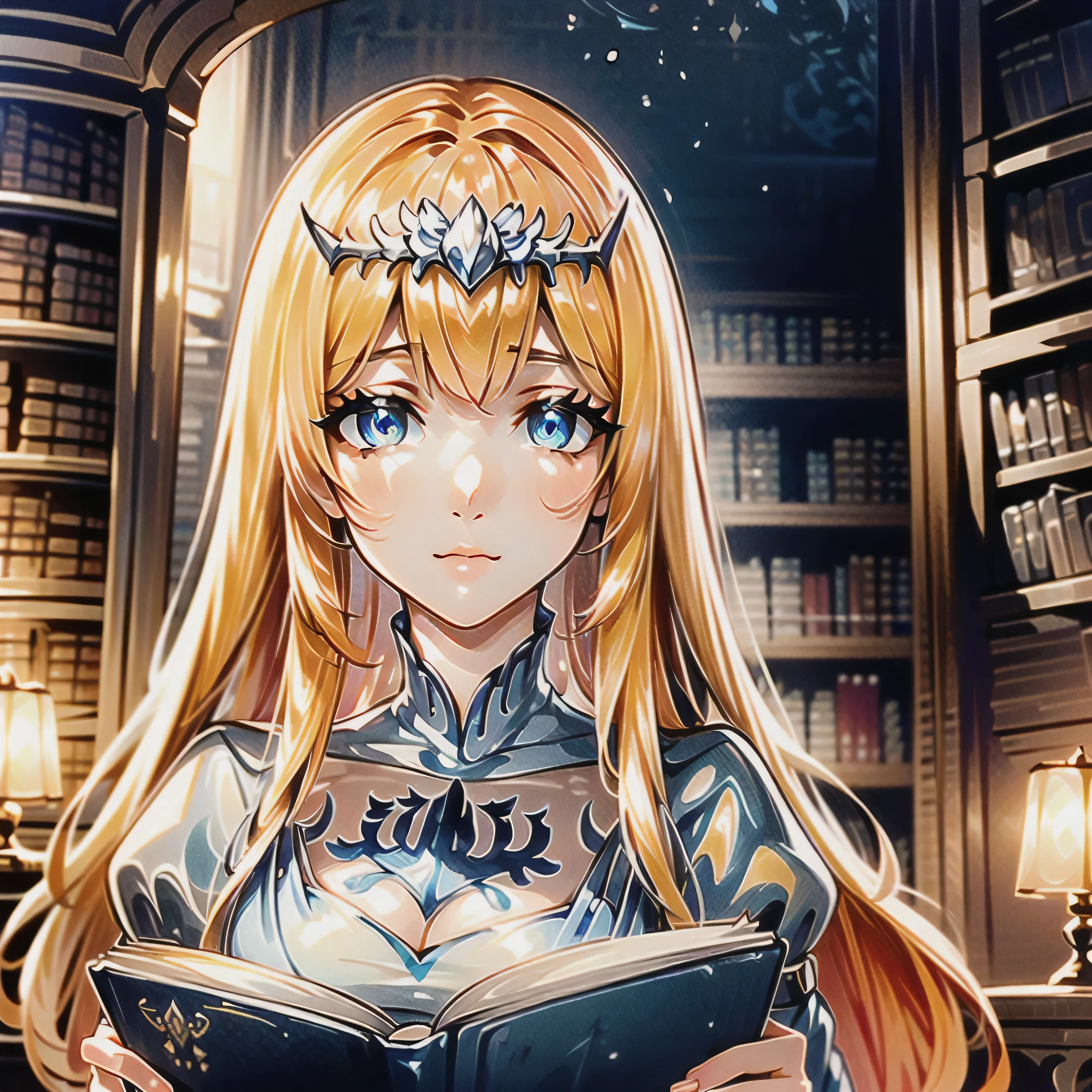 (masterpiece, best quality, ultra detailed, beautiful illustration), (oil painting:1.4), atmospheric perspective, (fantasy atmosphere, elaborate atmosphere:1.4), depth of field, looking at viewer, beautiful detailed eyes, 1girl, (portrait, closeup:1.3), dynamic angle,  (indoors, library:1.5, reading:1.5), solo, Calca, Calca Bessarez, blonde hair, extremely long hair, very long hair, white tiara, white dress, blue eyes, medium chest