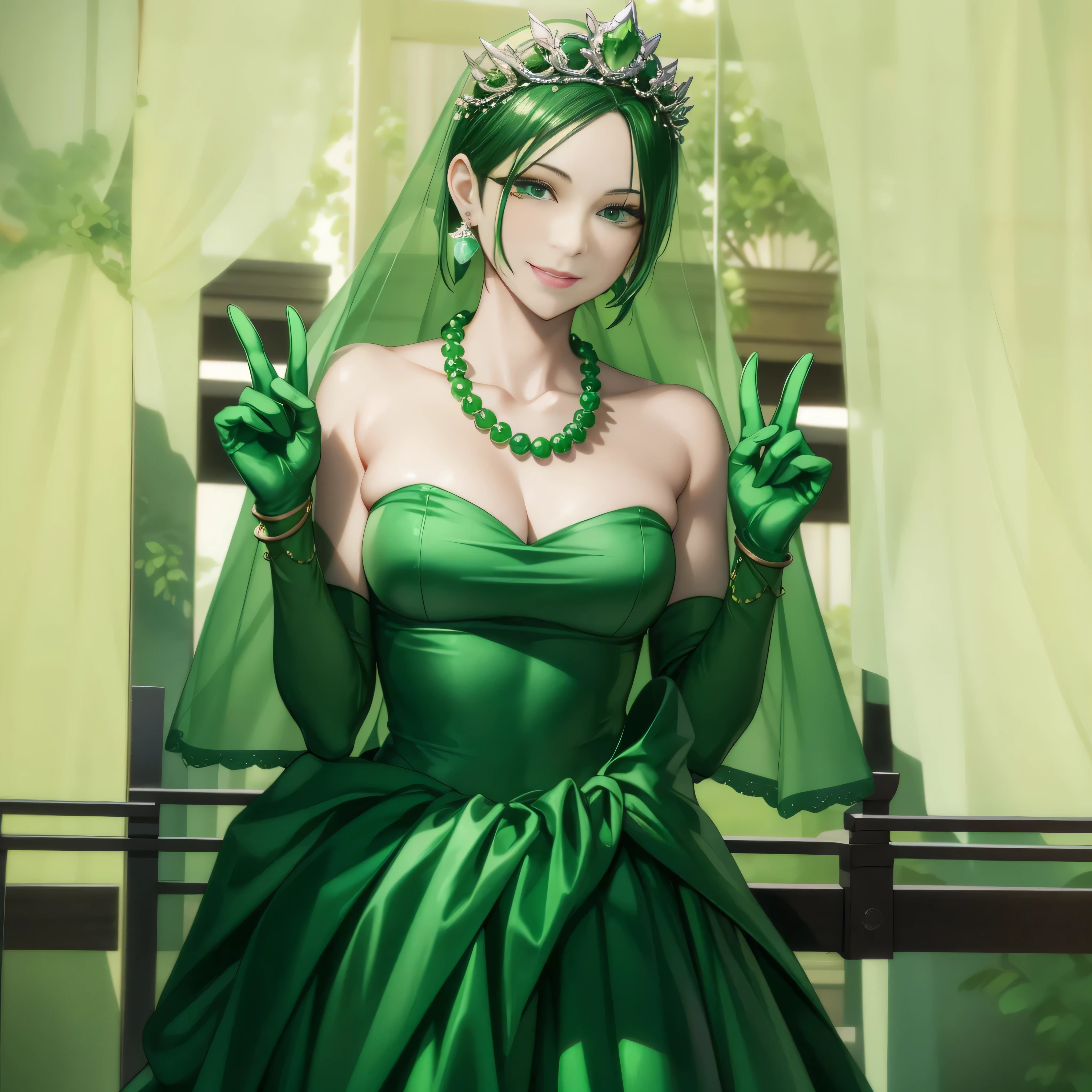 Emerald tiara, Green Pearl Necklace, Boyish very short green hair, lipstick, Smiling Japanese woman, Very short hair, Big and beautiful, Green Eyes, Long green satin gloves, Green Eyes, v sign, Emerald Earrings, Green veil