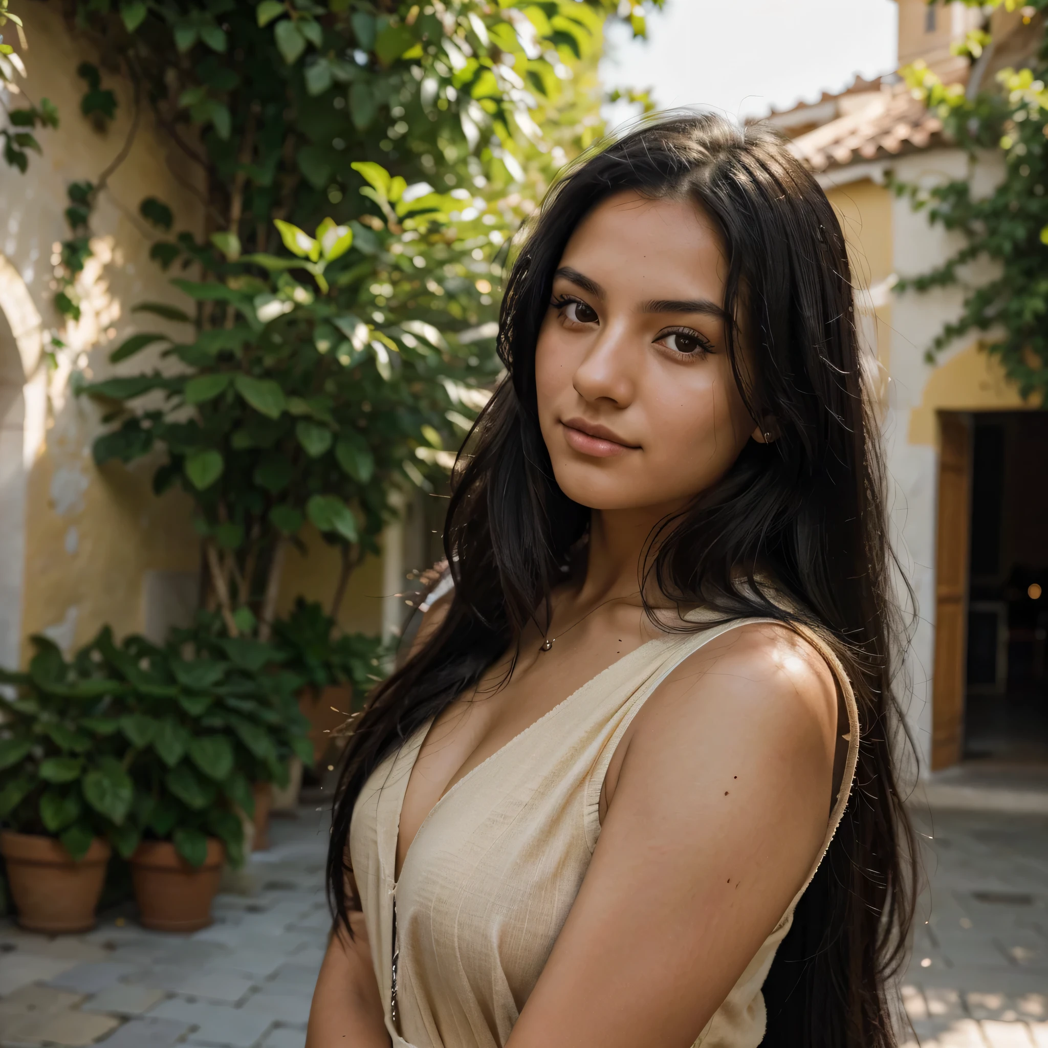 A photorealistic portrait of a 21-year-old Colombian girl with long black hair and dark eyes posing for an Instagram photo of her trip to Italy. It must have a natural and accessible expression and be illuminated by a soft golden light. Capture this image with a high-resolution photo using an 85mm lens for a flattering perspective.