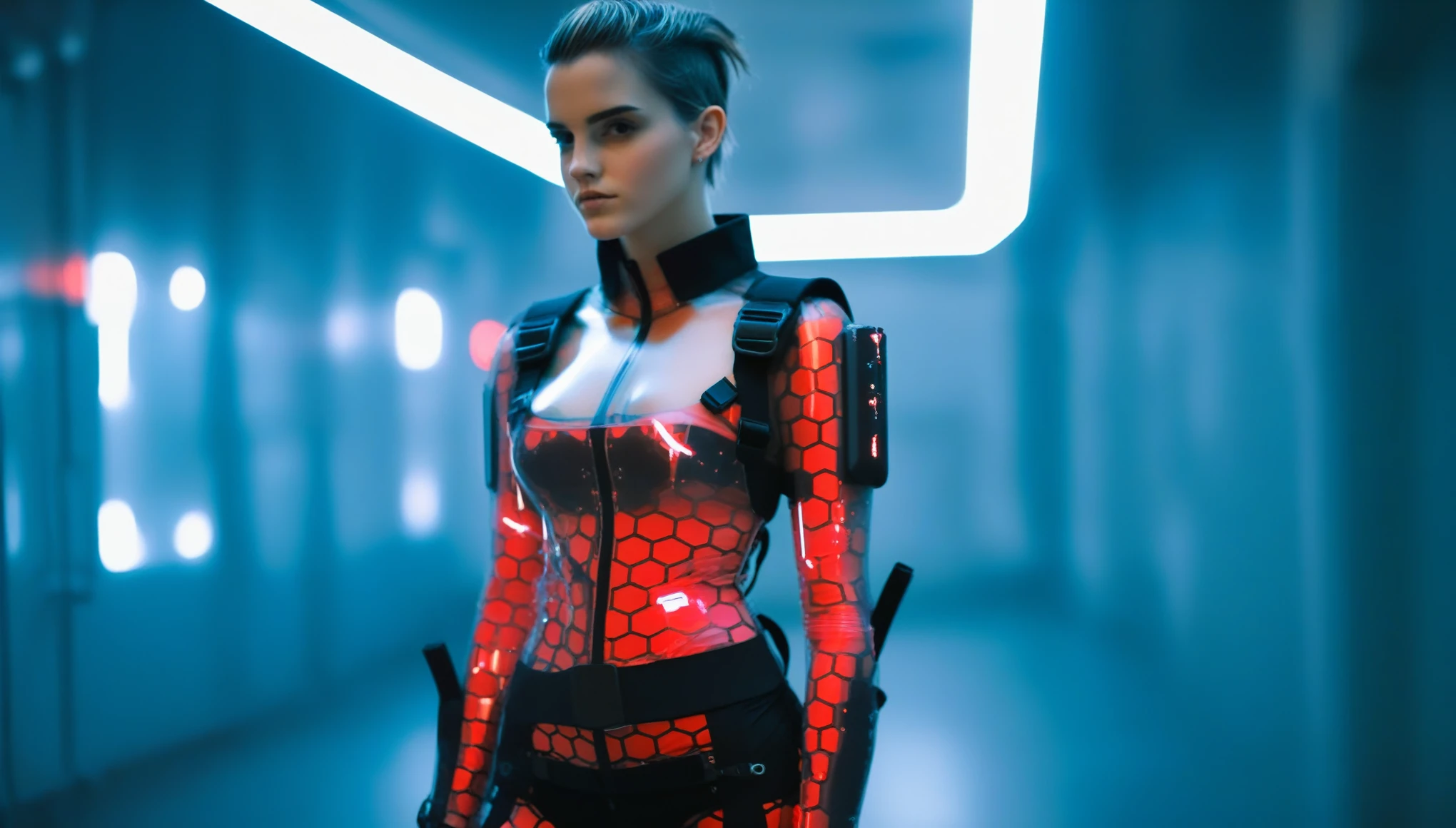 Two young female hackers sitting in a cyberpunk hackerspace with large windows in a cyberpunk metropolis facing the viewer, right arm resting on the waist, left arm held forward holding a cyberdeck with a transparent screen, short silverwhite undercut haircut, immaculate skin, thoughtful look on the face, sweat on the skin, full lips, small breasts, legs crossed, fullbody black and red translucent skintight cyberpunk underarmor with intricate hexagon pattern, synthetic utility vest with attached wearable computer, utility belt with multimeter and some probes attached, thigh high translucent latex boots, cutoff gloves, no makeup, natural fingernails, emma watson, edgFut_clothing, neons, electric circuits