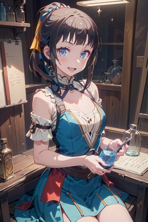 (fantasy:1.5),(anime,8k,masterpiece, top quality, best quality,beautiful and aesthetic:1.2,professional illustrasion:1.1,ultra detail:1.3,perfect lighting),extremely detailed,highest detailed,incredibly absurdres , highres, ultra detailed,intricate:1.6,(Alchemy Workshop:1.4),A girl mixing,Medicine in many small bottles,holding small potion,colorful:1.4,zentangle,(1girl),(girl),(Three kingdoms female warload),(highly detailed beautiful face and eyes,firm breasts),oily skin,((black,hair,short bob with short pony tail hair)),thin pubic hair,cute,lovely,34 years old,alchemist costume,Merchant's Clothing,smile,in the kitchen,smile,seductive weak smiling,(with sparkling eyes and a contagious smile),open mouth, Looking at Viewer,