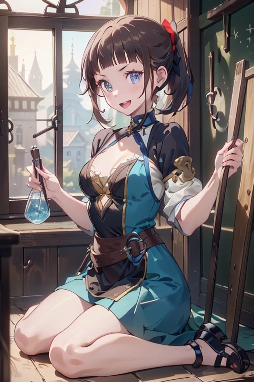 (fantasy:1.5),(anime,8k,masterpiece, top quality, best quality,beautiful and aesthetic:1.2,professional illustrasion:1.1,ultra detail:1.3,perfect lighting),extremely detailed,highest detailed,incredibly absurdres , highres, ultra detailed,intricate:1.6,(Alchemy Workshop:1.4),A girl mixing,Medicine in many small bottles,holding small potion,colorful:1.4,zentangle,(1girl),(girl),(Three kingdoms female warload),(highly detailed beautiful face and eyes,firm breasts),oily skin,((black,hair,short bob with short pony tail hair)),thin pubic hair,cute,lovely,34 years old,alchemist costume,Merchant's Clothing,smile,in the kitchen,smile,seductive weak smiling,(with sparkling eyes and a contagious smile),open mouth, Looking at Viewer,