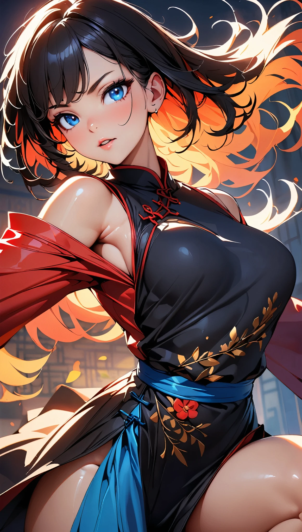 8k HD resolution, (masterpiece), best quality, expressive eyes, perfect face, Higly detailed, Professional art, vivid colours, 800mm lens, sun ray lighting, ((bokeh)), (depth of field), Concept: skins runes glowing runes covered Anime waifu whose eyes are particularly striking and captivating, wearing (daringly cleavage Yoneyama Mai artistic style colourful insanely short skirt and insanely loose glistening dress), masterpiece luminescent anime style drawing, intricate details, [Composition: a striking eyed straight cut short bangs one japanese modern style strict back head bun and straight black haired albino glowing eyes anime character dancing in the middle of the nothingness] full body art, sensual anime woman, anime illustration, beautiful anime artwork, anime artwork, sharp, high quality fabric, [Mai yoneyama artistic style background], Oil painting of a anime waifu by Yoji shinkawa