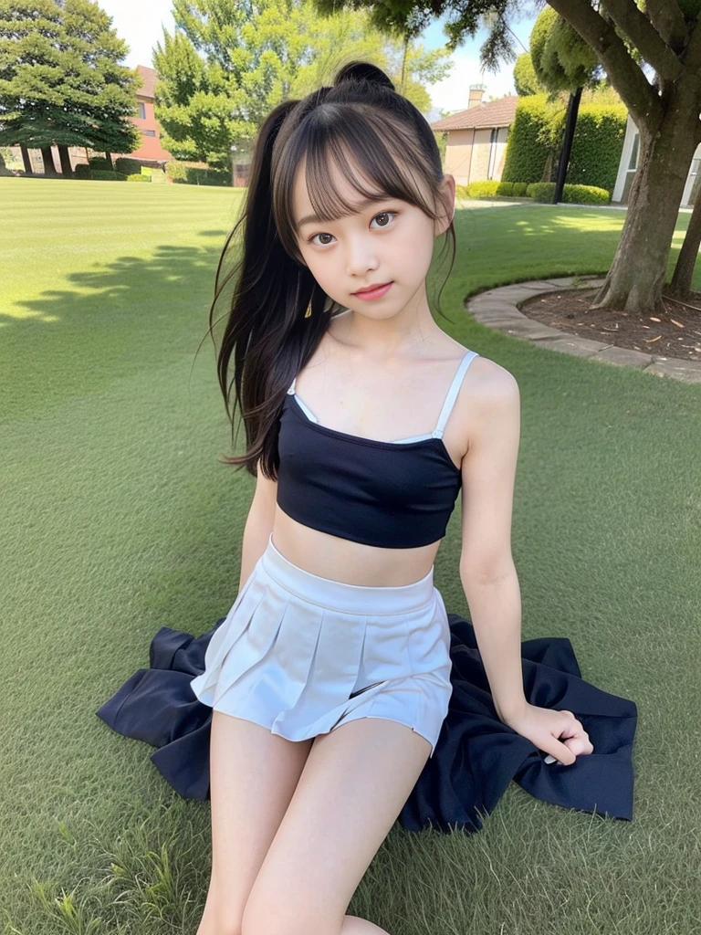 (masterpiece, highest quality:1.4), Award-winning portraits, 8k, 85mm, alone, Beautiful Face, Delicate girl,  (Cheerleader、On the grass), Sophisticated, cute, 15 years old, RAW Photos, Confused, High resolution, Sharp focus, Background blur、(((Flat  、thin and delicate body、Childish atmosphere)))、shiny semi-long hair、ponytail、Mole on the left cheek、 Dark blue eyes、High Kick、the skirt is swaying in the wind、Hair swaying in the wind、sexy、Flexible legs