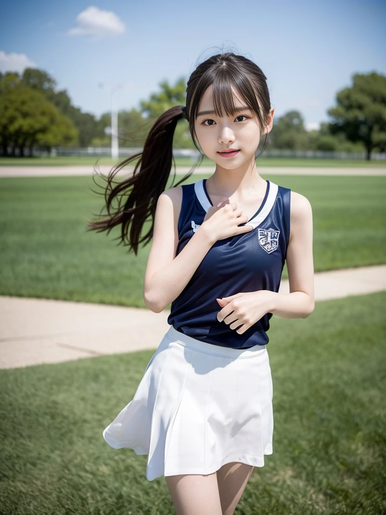 (masterpiece, highest quality:1.4), Award-winning portraits, 8k, 85mm, alone, Beautiful Face, Delicate girl,  (Cheerleader、On the grass), Sophisticated, cute, 15 years old, RAW Photos, Confused, High resolution, Sharp focus, Background blur、(((Flat  、thin and delicate body、Childish atmosphere)))、shiny semi-long hair、ponytail、Mole on the left cheek、 Dark blue eyes、High Kick、the skirt is swaying in the wind、Hair swaying in the wind、sexy、Flexible legs