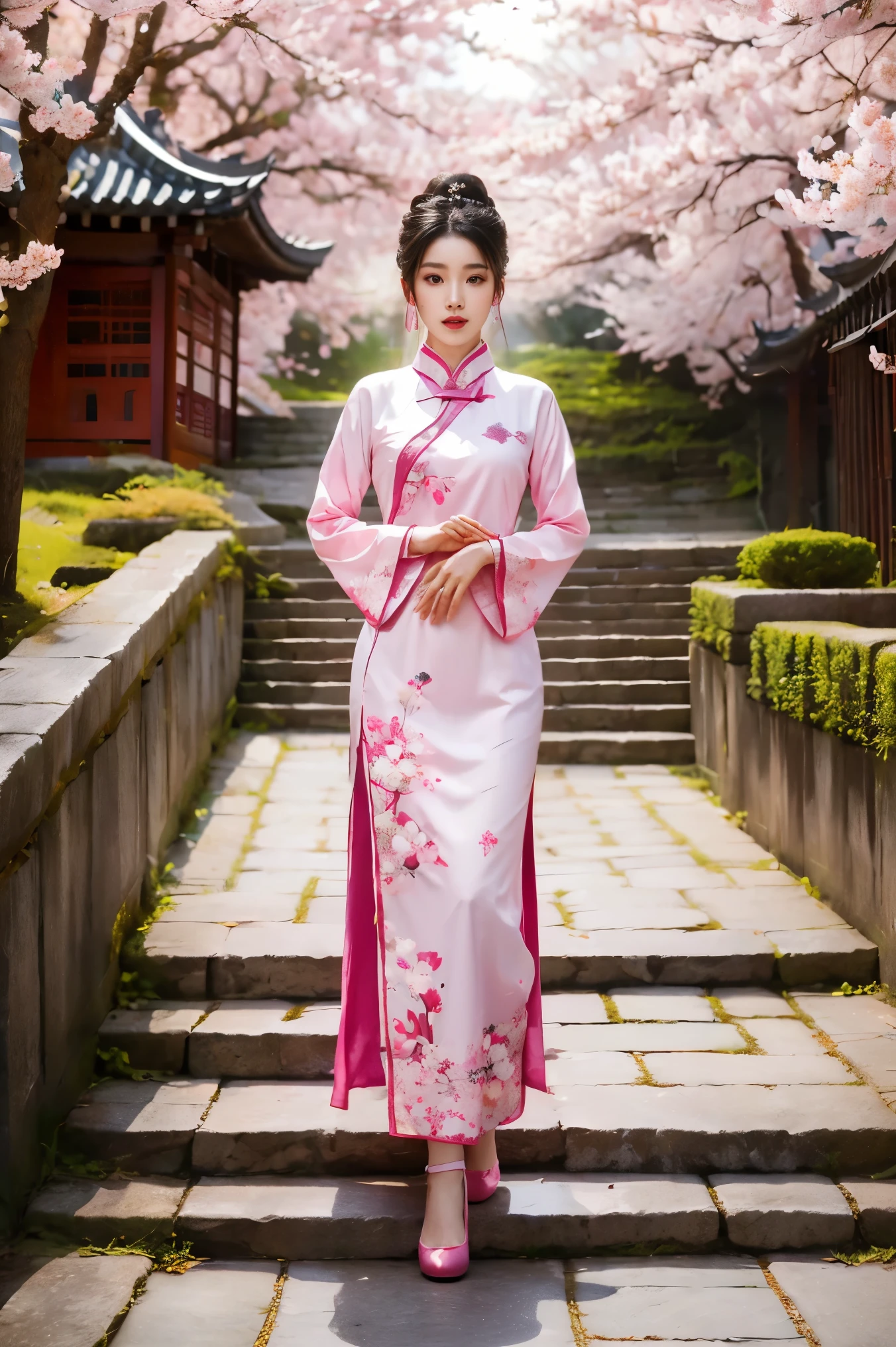 Girl wearing pink antique long cheongsam，Turn your head 45 degrees to the left，Direct vision，Very delicate face，Body slightly tilted to the right，The left foot is in front，The right foot is behind，Hands together，Black curly hair，Style reference: Sword King 3，folk-custom，Ancient style classical style，Beauty Mage，The background is a split-level loft，Cherry blossoms blooming next to，Stone floor underfoot，Behind is the stone steps，Design and costumes from Honor of Kings Zhen Ji&#39;s Garden Dream，Inspiration: Song Maojin，Elegant Numbers，Beautiful full body concept art，Beautiful digital artwork，Flowing cherry blossom silk, Chen Lin, Rob Ray and Kentaro Miura style, inspired by Fenghua Zhong, by Qu Leilei, by Lengmei, by Li Song