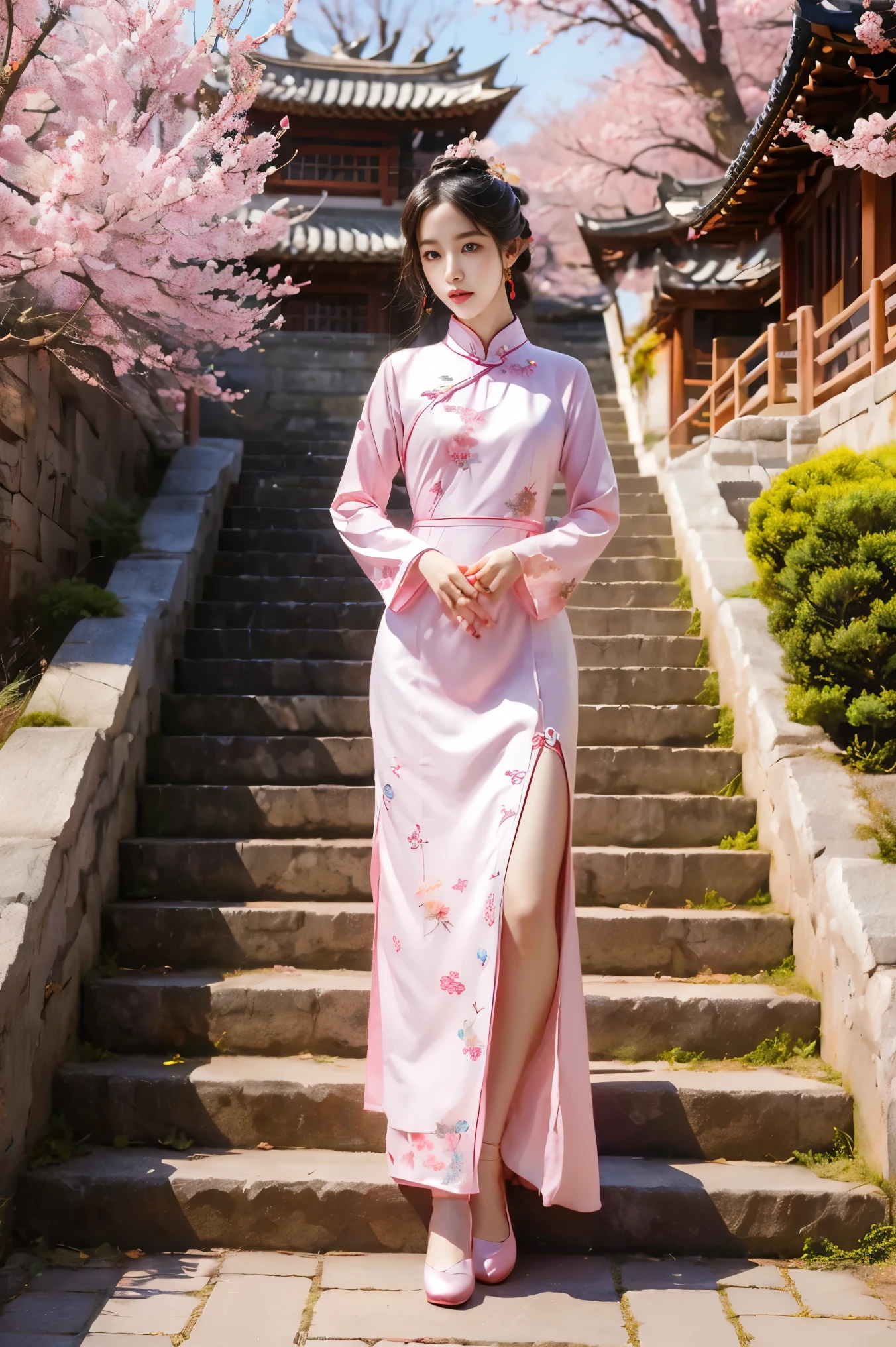 Girl wearing pink antique long cheongsam，Turn your head 45 degrees to the left，Direct vision，Very delicate face，Body slightly tilted to the right，The left foot is in front，The right foot is behind，Hands together，Black curly hair，Style reference: Sword King 3，folk-custom，Ancient style classical style，Beauty Mage，The background is a split-level loft，Cherry blossoms blooming next to，Stone floor underfoot，Behind is the stone steps，Design and costumes from Honor of Kings Zhen Ji&#39;s Garden Dream，Inspiration: Song Maojin，Elegant Numbers，Beautiful full body concept art，Beautiful digital artwork，Flowing cherry blossom silk, Chen Lin, Rob Ray and Kentaro Miura style, inspired by Fenghua Zhong, by Qu Leilei, by Lengmei, by Li Song