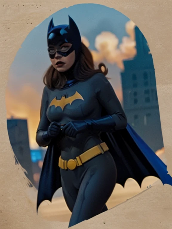 score_9, score_8_up, score_7_up, score_6_up, 1girl, solo, batgirl is running in front of an explosion, mask, black lips, red hair, belt, torn bodysuit, black bodysuit, sideboob, pointy breasts, cape, yellow gloves, gotham city, red sky, dirigible, bloom