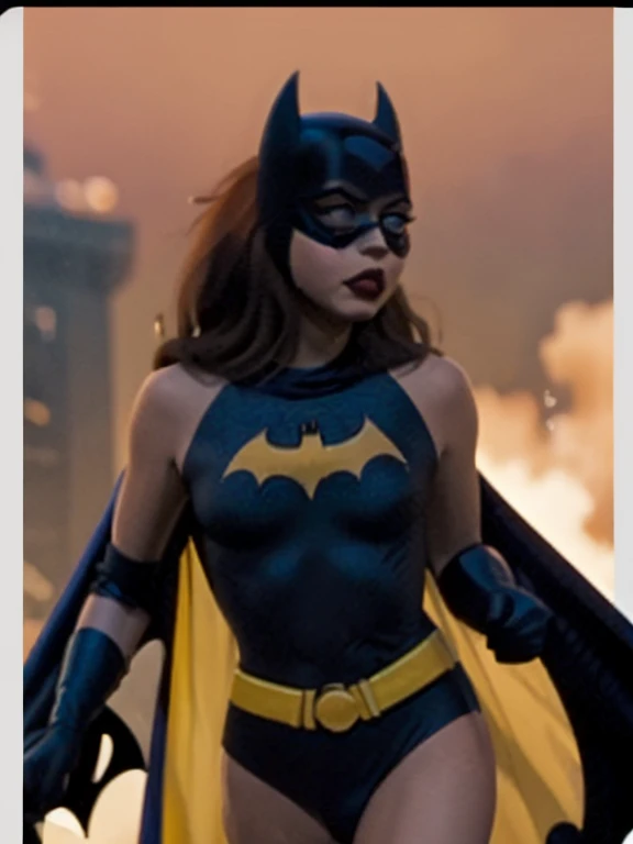 score_9, score_8_up, score_7_up, score_6_up, 1girl, solo, batgirl is running in front of an explosion, mask, black lips, red hair, belt, torn bodysuit, black bodysuit, sideboob, pointy breasts, cape, yellow gloves, gotham city, red sky, dirigible, bloom