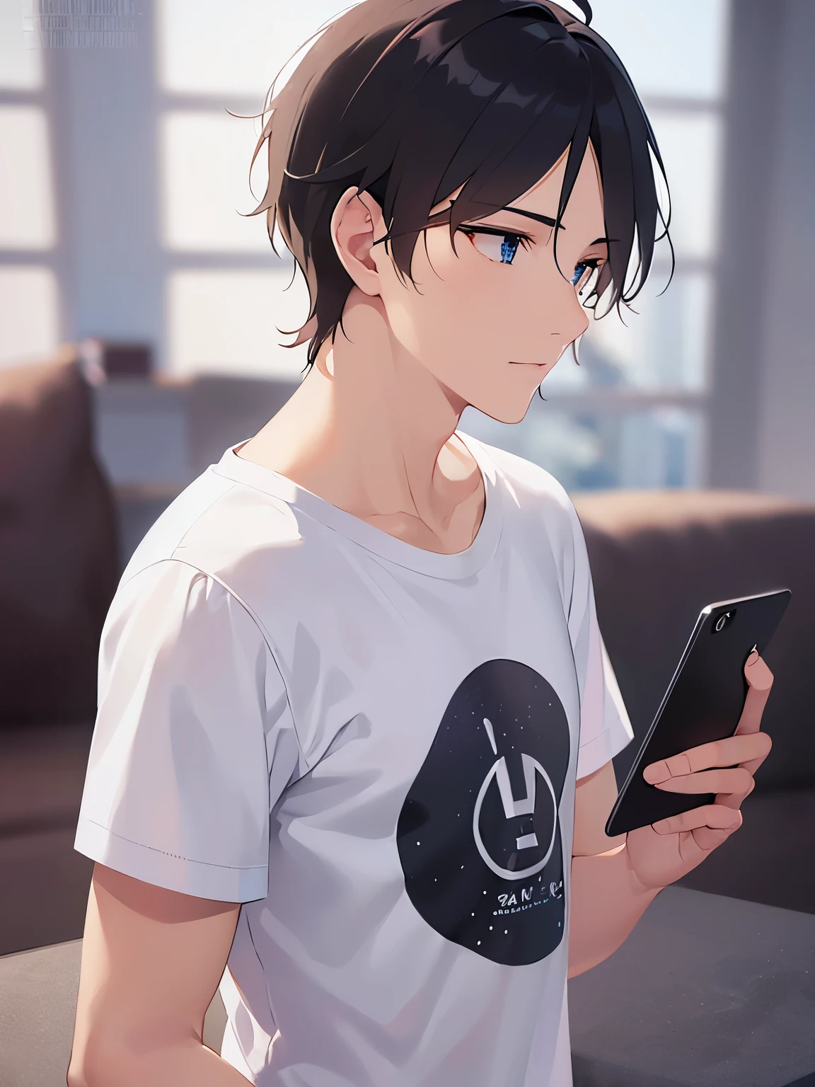 Biologically correct five fingers、holding a phone, side angle, (looking away:1.5), extremely detailed CG, 8k, super fine illustration, close-up of your face, masterpiece, top quality, masterpiece, top quality, (25 year old man: 1.5) and (short black hair) and (blue eyes) , (white T-shirt:1.5), standing, Expressionless, The background is the living room, (alone: 1.5),