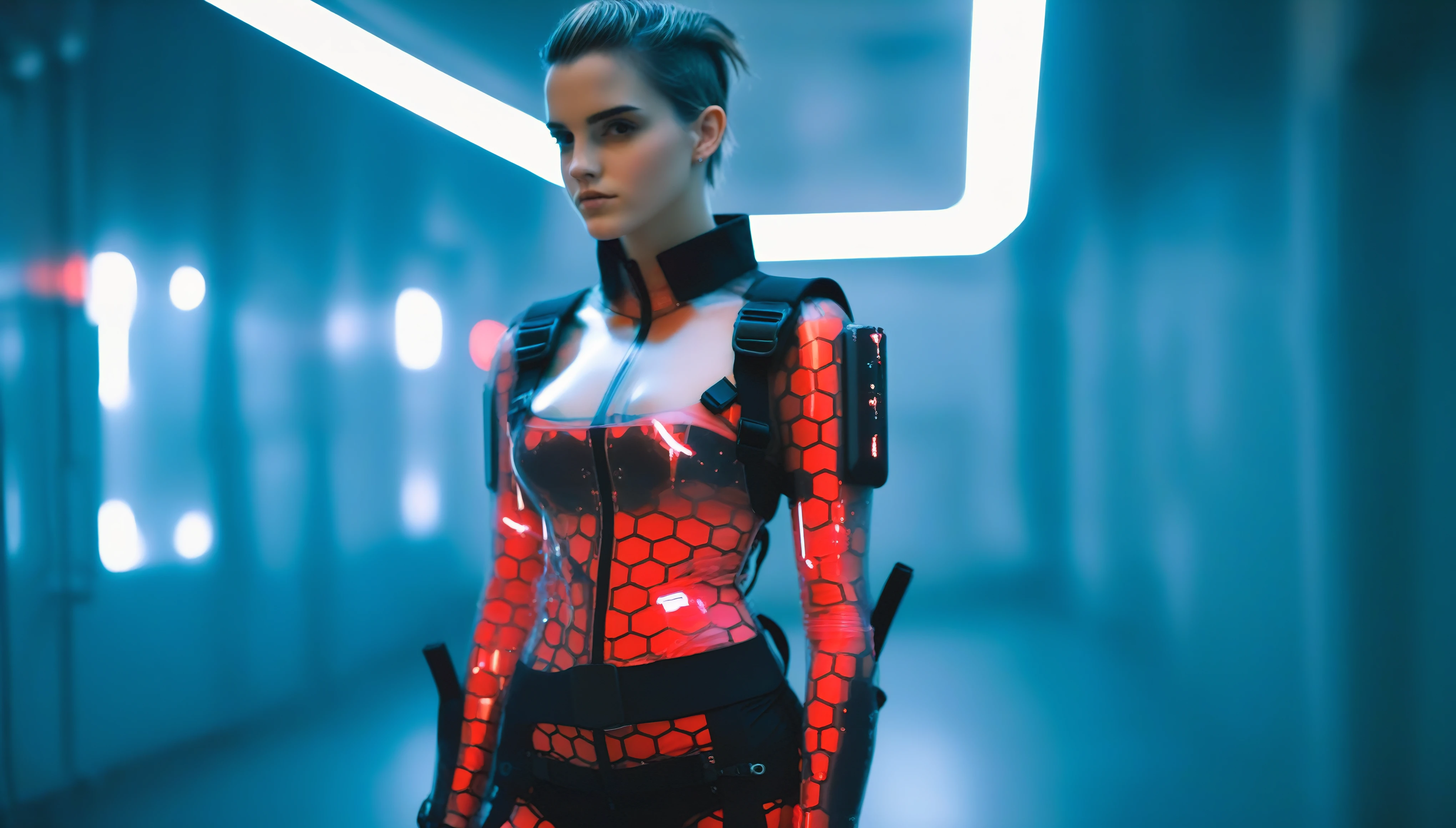 Two young female hackers sitting in a cyberpunk hackerspace with large windows in a cyberpunk metropolis facing the viewer, right arm resting on the waist, left arm held forward holding a cyberdeck with a transparent screen, short silverwhite undercut haircut, immaculate skin, thoughtful look on the face, sweat on the skin, full lips, small breasts, legs crossed, fullbody black and red translucent skintight cyberpunk underarmor with intricate hexagon pattern, synthetic utility vest with attached wearable computer, utility belt with multimeter and some probes attached, thigh high translucent latex boots, cutoff gloves, no makeup, natural fingernails, emma watson, edgFut_clothing, neons, electric circuits