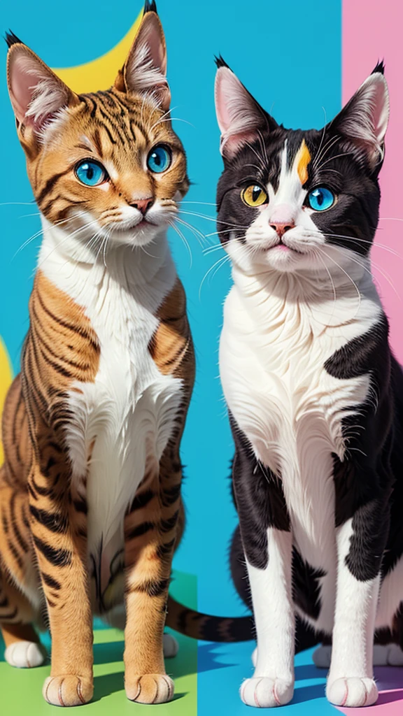 Corrected and improved text:
A captivating and vibrant 3D rendering of an adorable anime-style "Smiling Cat", sporting multicolored fur and large glowing brown eyes that emanate a fluorescent blue hue. The playful feline radiates charm and charming demeanor, perfectly capturing his personality. The bold design and vibrant colors stand out against the pristine white background, instantly capturing the viewer's attention. This mesmerizing work of art combines elements of modern pop art with traditional anime, creating a visually stunning and irresistible piece. A tribute to Whiskas cat food packaging, posters and paper illustrations, brought to life with an extraordinary touch.