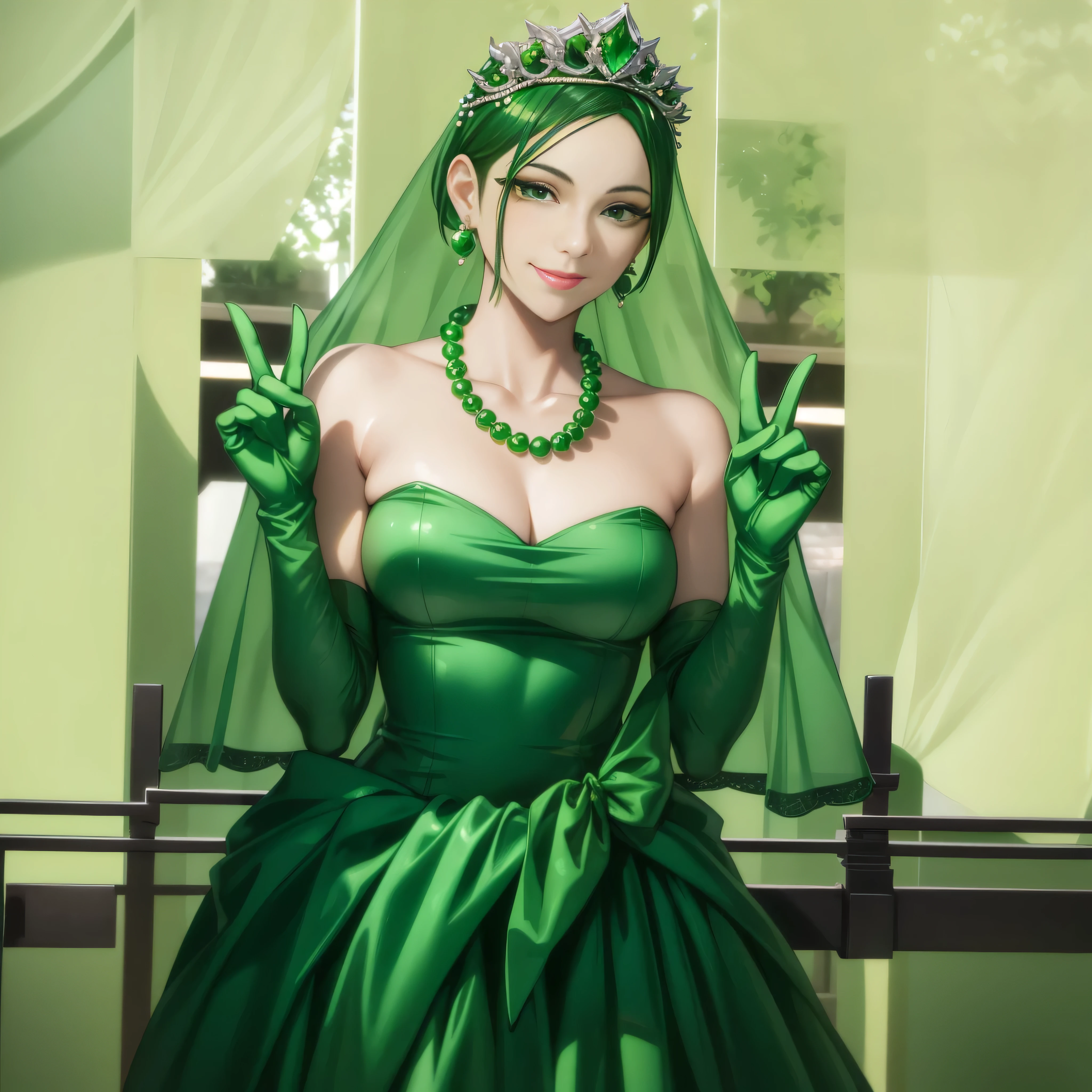 Emerald tiara, Green Pearl Necklace, Boyish very short green hair, lipstick, Smiling Japanese woman, Very short hair, Big and beautiful, Green Eyes, Long green satin gloves, Green Eyes, v sign, Emerald Earrings, Green veil