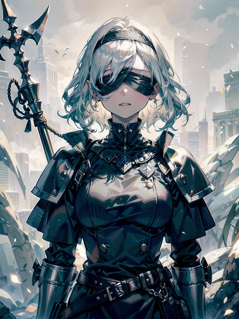 whole body, ((blindfold)), holy paladin, spear, dark Heavy armor, absurdres, RAW photo, extremely delicate and beautiful, masterpiece, Best Quality, ultra high resolution, 32k, hyperrealistic, ultra-detailed, detailed description, pale skin, 20 years old, detailed beautiful face and eyes, tearful mole, earring, Colossal tits, short medium hair, wavy hair,