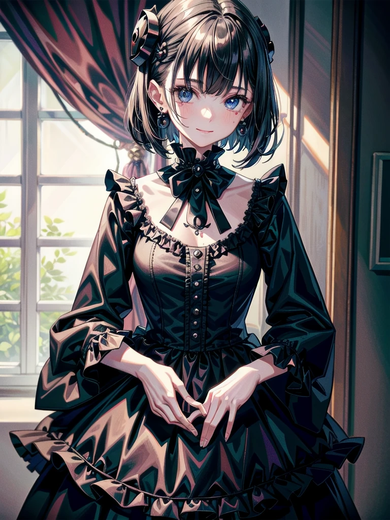 whole body, creepy room, skirt, shirt, long sleeves, frills, smile, creepy, skulls, candle, hair ornament, bone, doll, horror theme, absurdres, RAW photo, extremely delicate and beautiful, masterpiece, Best Quality, ultra high resolution, 32k, hyperrealistic, ultra-detailed, detailed description, pale skin, 20 years old, detailed beautiful face and eyes, tearful mole, earring, Colossal tits, short medium hair, wavy hair,