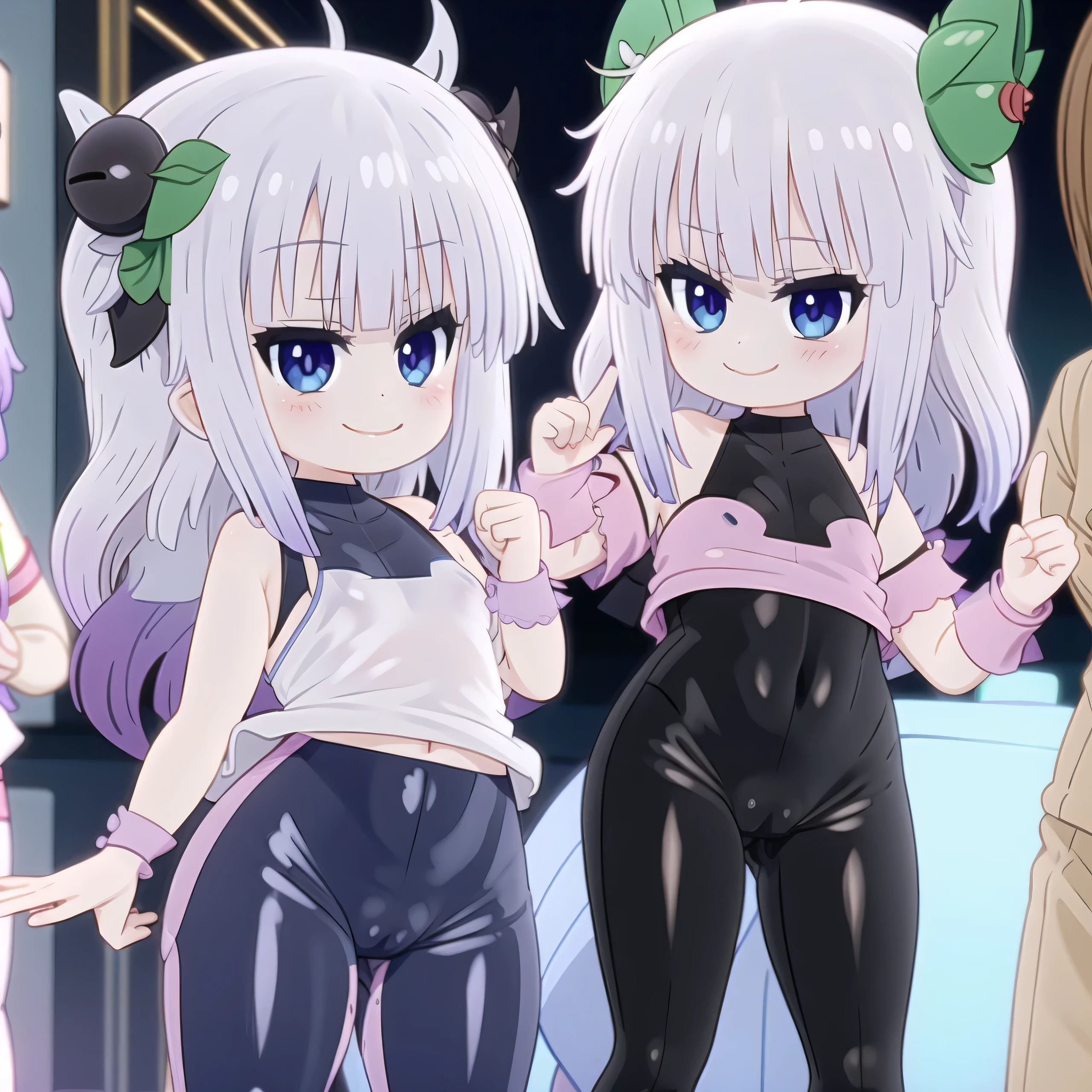 By mantis-x,Kanna Kamui, young girl, tight latex pants, cameltoe, small breasts, playful smile, suck fingers , nightclub, kids on the background
