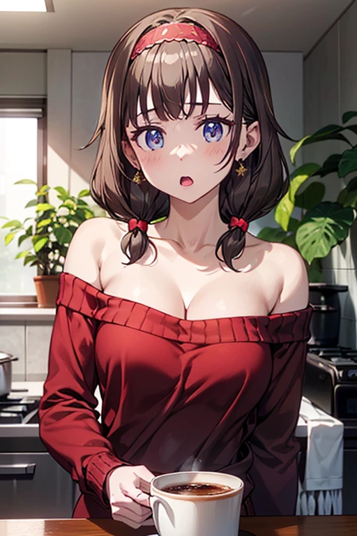 masterpiece, yor, 1girl, Amazing Cleavage:1.3, thin waist, big ass, Raised sexy, medium breast: 1.8 posed cleavage:1.2、solo, looking at viewer, open mouth, have a cup of coffee,black hair, red eyes, dress, bare shoulders, jewelry, collarbone, sidelocks, hairband, earrings, indoors, off shoulder, :o, sweater, arms behind back, plant, short hair with long locks, white hairband, off-shoulder dress, sweater dress, off-shoulder sweater, red sweater, big side hair, very long side hair,is rendered in (masterpiece: 1.2, best quality), with (ultra high resolution) and an exquisite (depth of field). This masterpiece is not only visually stunning but also tells, teach of cooking:1.3 ,in the kitchen
