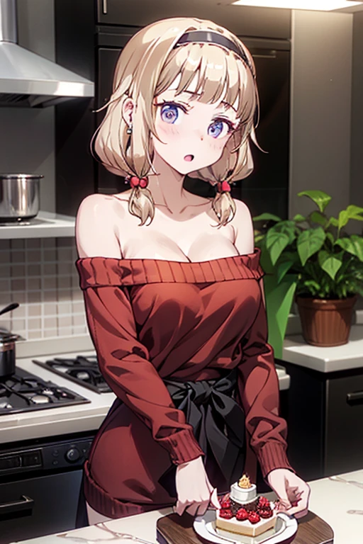 masterpiece, yor, 1girl, Amazing Cleavage:1.3, thin waist, big ass, Raised sexy, medium breast: 1.8 posed cleavage:1.2、solo, looking at viewer, open mouth, have a cup of coffee,black hair, red eyes, dress, bare shoulders, jewelry, collarbone, sidelocks, hairband, earrings, indoors, off shoulder, :o, sweater, arms behind back, plant, short hair with long locks, white hairband, off-shoulder dress, sweater dress, off-shoulder sweater, red sweater, big side hair, very long side hair,is rendered in (masterpiece: 1.2, best quality), with (ultra high resolution) and an exquisite (depth of field). This masterpiece is not only visually stunning but also tells, make of cake cooking ,in the kitchen