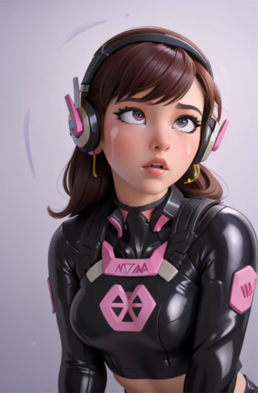 Masterpiece, Best Quality, High Resolution, 1Girl, Ultra High Resolution, Solo D.VA, Headphones, Pink eyes, Brown Hair, White Gloves, Face Decoration, Full Body Shot, Cute, Realistic, Cute Pose, Perfect Body, Cyber Punk background, wet street, Crop Top latex, Latex Leggings, nsfw, cum, ahegao, penis on face, 1boy, 1girl, getero, Pervert, humiliated