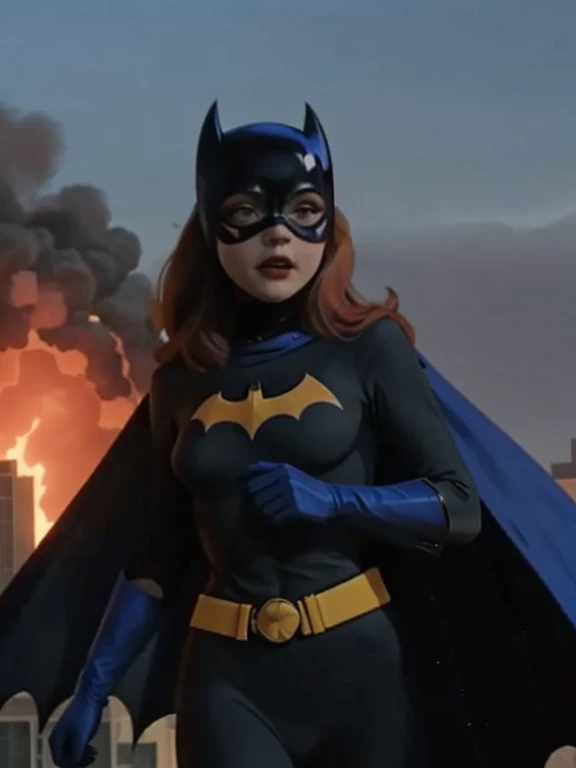 score_9, score_8_up, score_7_up, score_6_up, 1girl, solo, batgirl is running in front of an explosion, mask, black lips, red hair, belt, torn bodysuit, black bodysuit, sideboob, pointy breasts, cape, yellow gloves, gotham city, red sky, dirigible, bloom