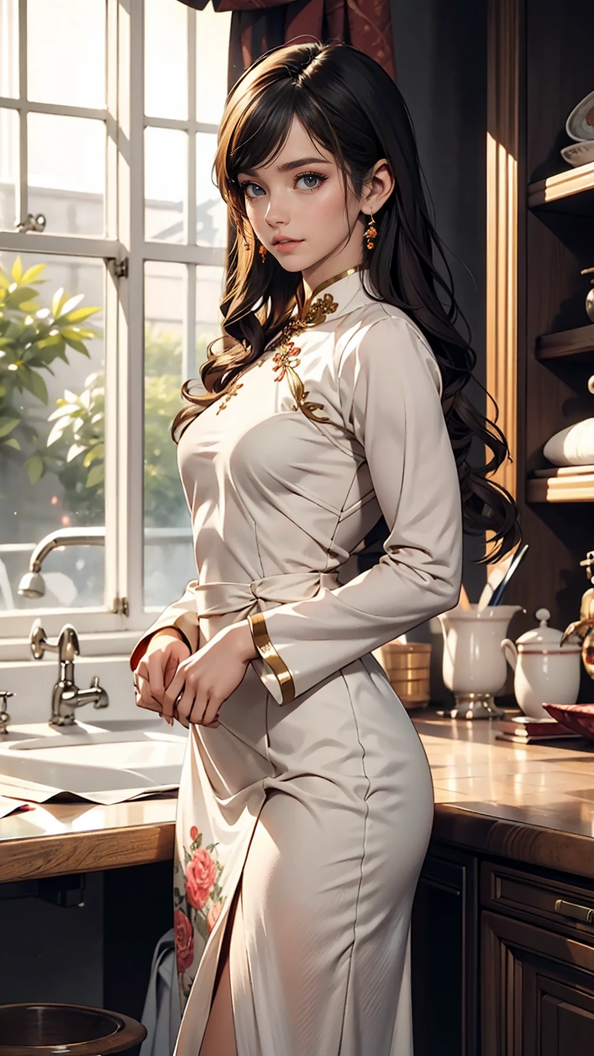 The girl in the ao dai is made of thin silk and cotton fabric., In a long, form-fitting white style、Very fine, シャツの前面の孔雀の模様はVery fineです, The girl is standing in a wonderful space with great attention to detail