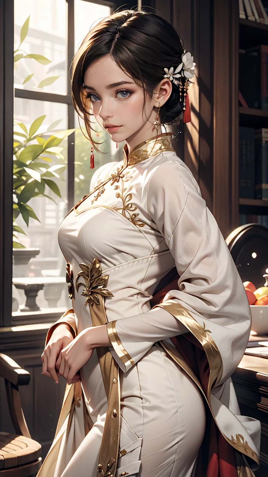 The girl in the ao dai is made of thin silk and cotton fabric., In a long, form-fitting white style、Very fine, シャツの前面の孔雀の模様はVery fineです, The girl is standing in a wonderful space with great attention to detail