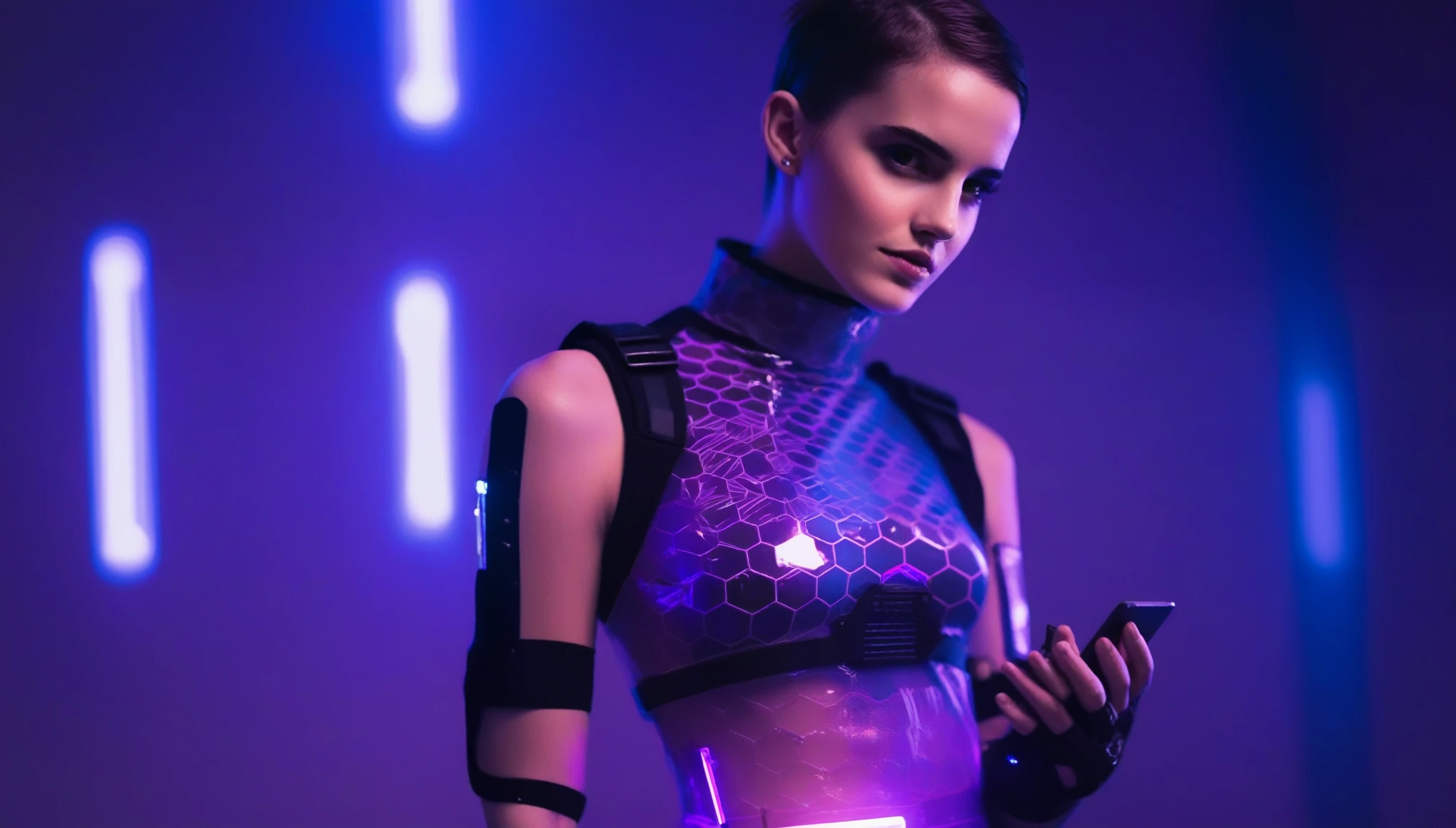 Two young female hackers sitting in a cyberpunk hackerspace with large windows in a cyberpunk metropolis facing the viewer, right arm resting on the waist, left arm held forward holding a cyberdeck with a transparent screen, short silverwhite undercut haircut, immaculate skin, thoughtful look on the face, sweat on the skin, full lips, small breasts, legs crossed, fullbody black and purple translucent skintight cyberpunk underarmor with intricate hexagon pattern, synthetic utility vest with attached wearable computer, utility belt with multimeter and some probes attached, thigh high translucent latex boots, cutoff gloves, no makeup, natural fingernails, emma watson, edgFut_clothing, neons, electric circuits