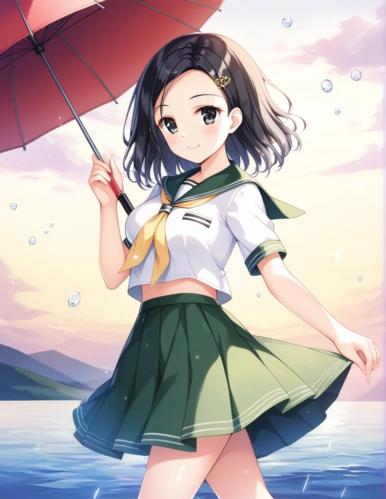 (masterpiece,best quality,ultra detailed,:1.2),CG,a beautiful and cool japanese girl,shiny skin,shiny hair,black hair,forehead,medium length hair,shiny eyes,round eyes,black eyes,smile,handing umbrella,looking back at viewer,{{{medium breasts}}},hairclip,sailor collar,yellow necktie,dark green skirt,school route,Hydrangeas macrophylla,heavy rain