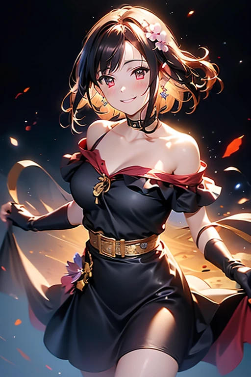 yor briar, anime style beutiful woman, 1girl, happy, smile, red face, closed mouth, beautiful detailed eyes, super detailed skin, backlighting, bare shoulders, black background, black dress, black gloves, black hair, breasts, dress, earrings, fingerless gloves, floating hair, floral print, flower, gloves, gold earrings, gold hairband, hair flower, hair ornament, hairband, holding, holding weapon, jewelry, large breasts, long hair, looking at viewer, off-shoulder dress, off shoulder,red eyes, short hair with long locks, sidelocks, solo, spikes, thighs, two-sided dress, two-sided fabric, weapon, fighting stance , face, close up, from above, highest quality, high resolution.