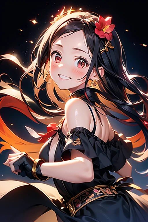 yor briar, anime style beutiful woman, 1girl, happy, smile, red face, closed mouth, beautiful detailed eyes, super detailed skin, backlighting, bare shoulders, black background, black dress, black gloves, black hair, breasts, dress, earrings, fingerless gloves, floating hair, floral print, flower, gloves, gold earrings, gold hairband, hair flower, hair ornament, hairband, holding, holding weapon, jewelry, large breasts, long hair, looking at viewer, off-shoulder dress, off shoulder,red eyes, short hair with long locks, sidelocks, solo, spikes, thighs, two-sided dress, two-sided fabric, weapon, fighting stance , face, close up, from above, highest quality, high resolution.