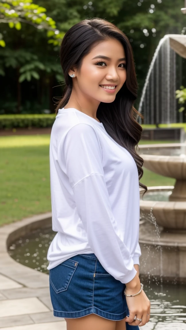 Gorgeous woman, twenty five years old, Indonesian, happy, wearing white t-shirt paired with white sweat shorts, braided, standing at city park with fountain