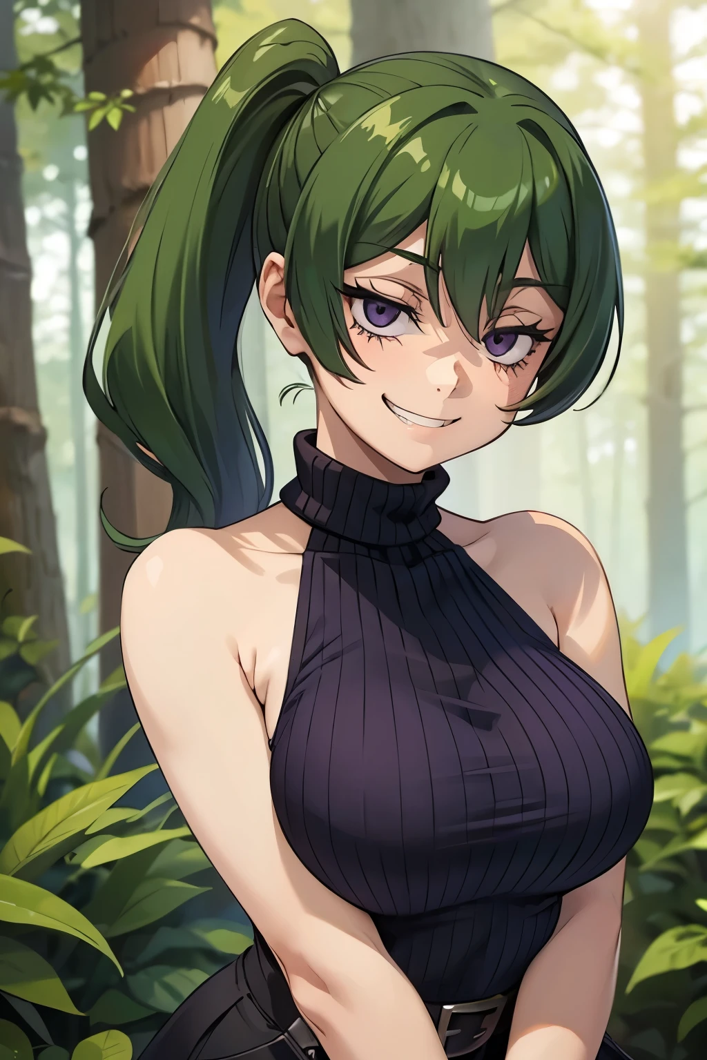 1 hot girl, green hair, side ponytail, purple eyes, grin, gorgeous, ubel, hands behind back, mischievous, sweater dress, sleeveless, bare legs, closeup, portrait, at forest, upper body