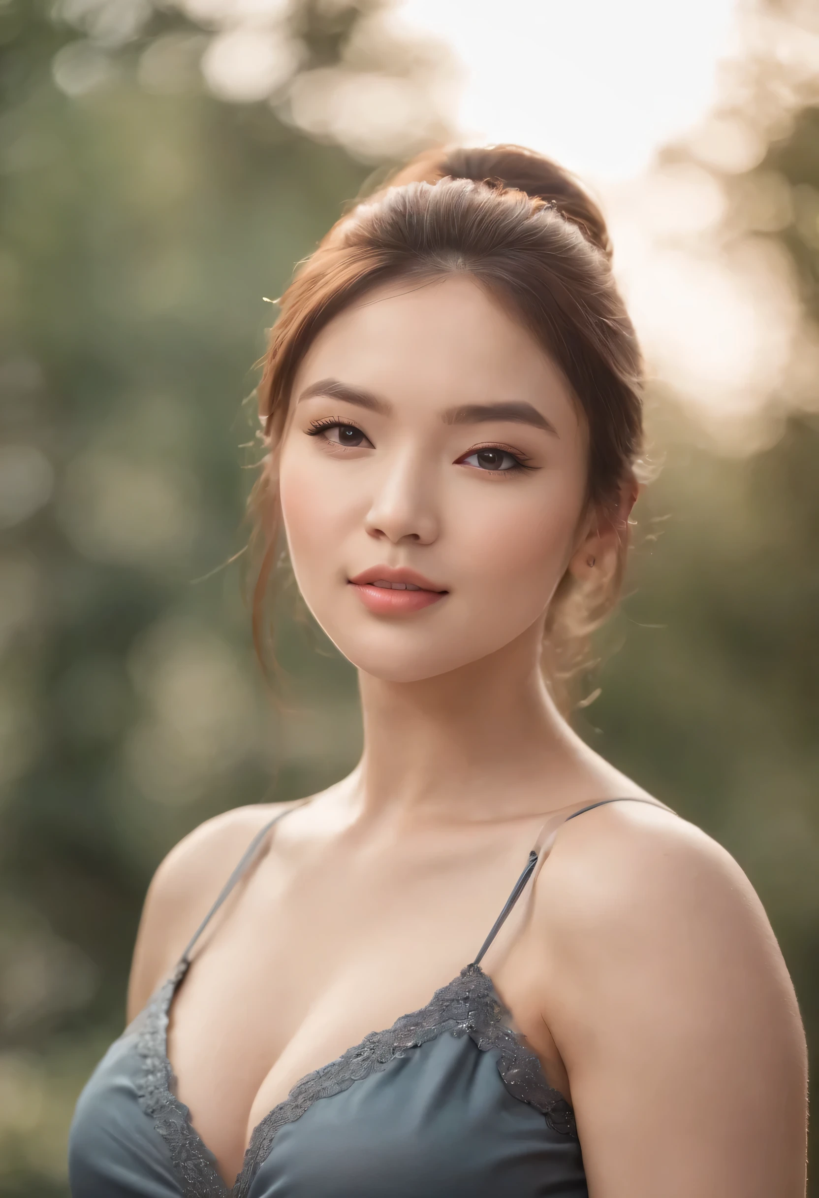 Develop a realistic image of a young plus-size fitness influencer, combining traits of a Korean girl with ample breasts. Highlight her curvaceous and athletic figure, with well-defined muscles and proportions reflecting health and vitality. She should have a soft and youthful face, with expressive almond-shaped eyes and delicately arched eyebrows. Her skin should be radiant, with a golden peach tone, emitting gentle rays of light that enhance her natural beauty. Her hair, dark and silky, should be styled attractively, perhaps in a high ponytail or loose waves. Her facial expression should convey confidence and determination, but also warmth and empathy. Dress her in modern and vibrant clothing, suitable for her active and influential personality. Ensure the image captures her magnetic presence and charisma, conveying a sense of inner strength and power