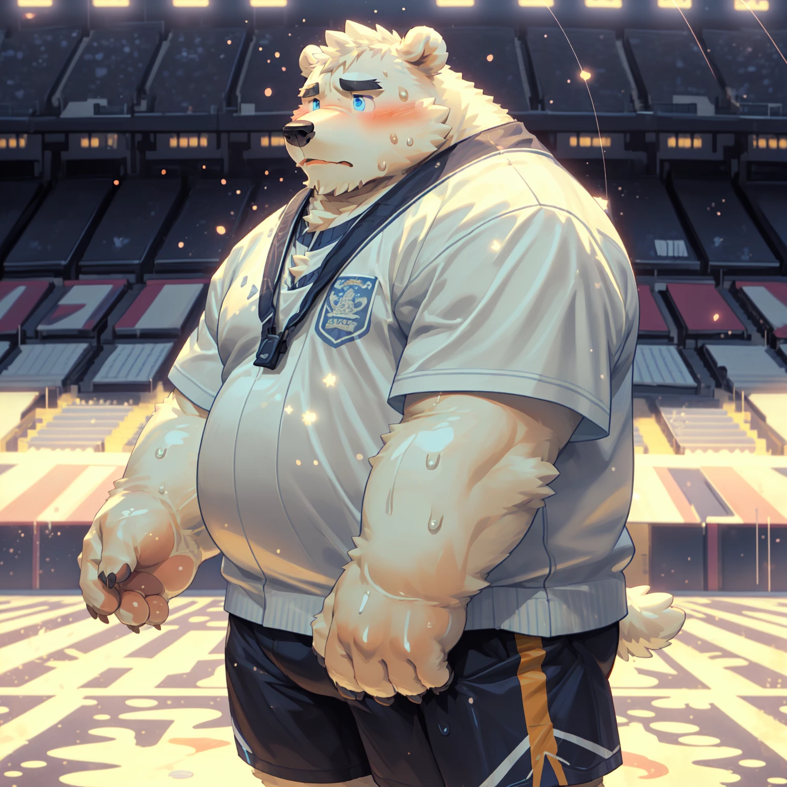 New Jersey 5 Furry,polar bear,Facing the camera,Exquisite,Beast field, SFW, masterpiece, high quality, Absurd, soft light, Solitary, Wear casual clothes, ((Background Stadium:1.5), character focus. Detailed background, Amazing background, outdoor, Scenes, particle.大师masterpiece,Highest image quality ,4k quality,sweat, Big Buttocks, The look. blush. Oily,Solitary,Chubby,Fat,Thick arms,Rugged muscles,White plush fur,Chubby脸,Black eyebrows,Sky blue eyes,Beard,Cover, high resolution, top quality, best quality, Wear casual clothes,shorts,sweat,blush. Oily Buttocks,