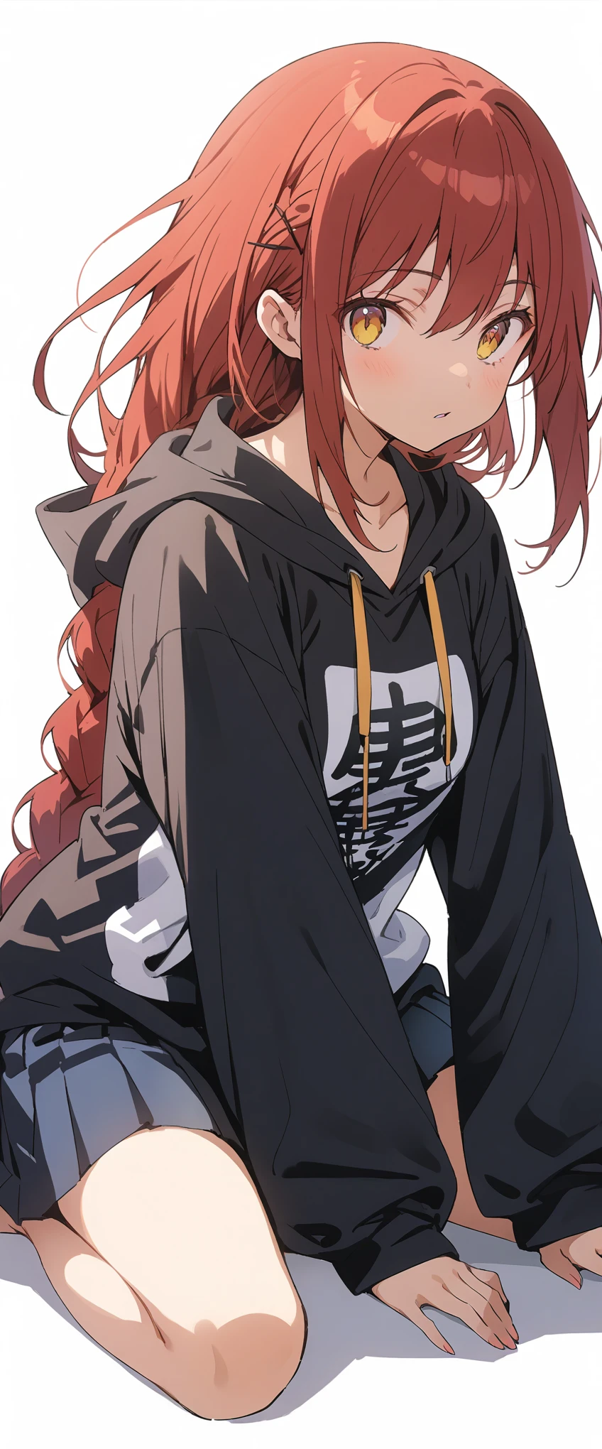 White background、Solid white background、Blank background、Ultra-high resolution, highest quality,Solo,One Girl、The whole body is depicted from the front、fish-bone braid hair、Fishbone Hair、red hair、busty、beautiful detailed eyes、Red hair x yellow eyes、yellow eyes、I nod and almost fall over.、Panic look、plain black hoodie、 Black pleated skirt、barefoot