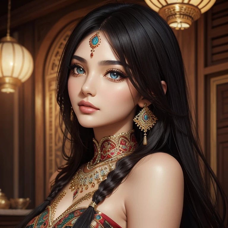 show me a beautiful Turkish woman in her mid-30s, with mesmerizing eyes and a warm smile. Her long, luscious black hair cascades down her shoulders, adding to her elegance. She is dressed in a vibrant traditional Turkish outfit, adorned with intricate patterns and rich colors. The fabric flows gracefully, highlighting her feminine curves. Her eyes are beautifully accentuated with meticulously applied eyeliner and eyeshadow, bringing out their deep, expressive nature.
The artwork is created using a combination of digital painting and photography. The artist has taken inspiration from traditional Turkish art, incorporating intricate details and patterns into the composition. The image is of the highest quality, featuring realistic textures, sharp focus, and vivid colors. The artist has utilized studio lighting techniques to create a natural and flattering effect on the subject.
Overall, this artwork portrays a captivating and breathtaking Turkish woman, capturing her essence and beauty with utmost precision and artistry.