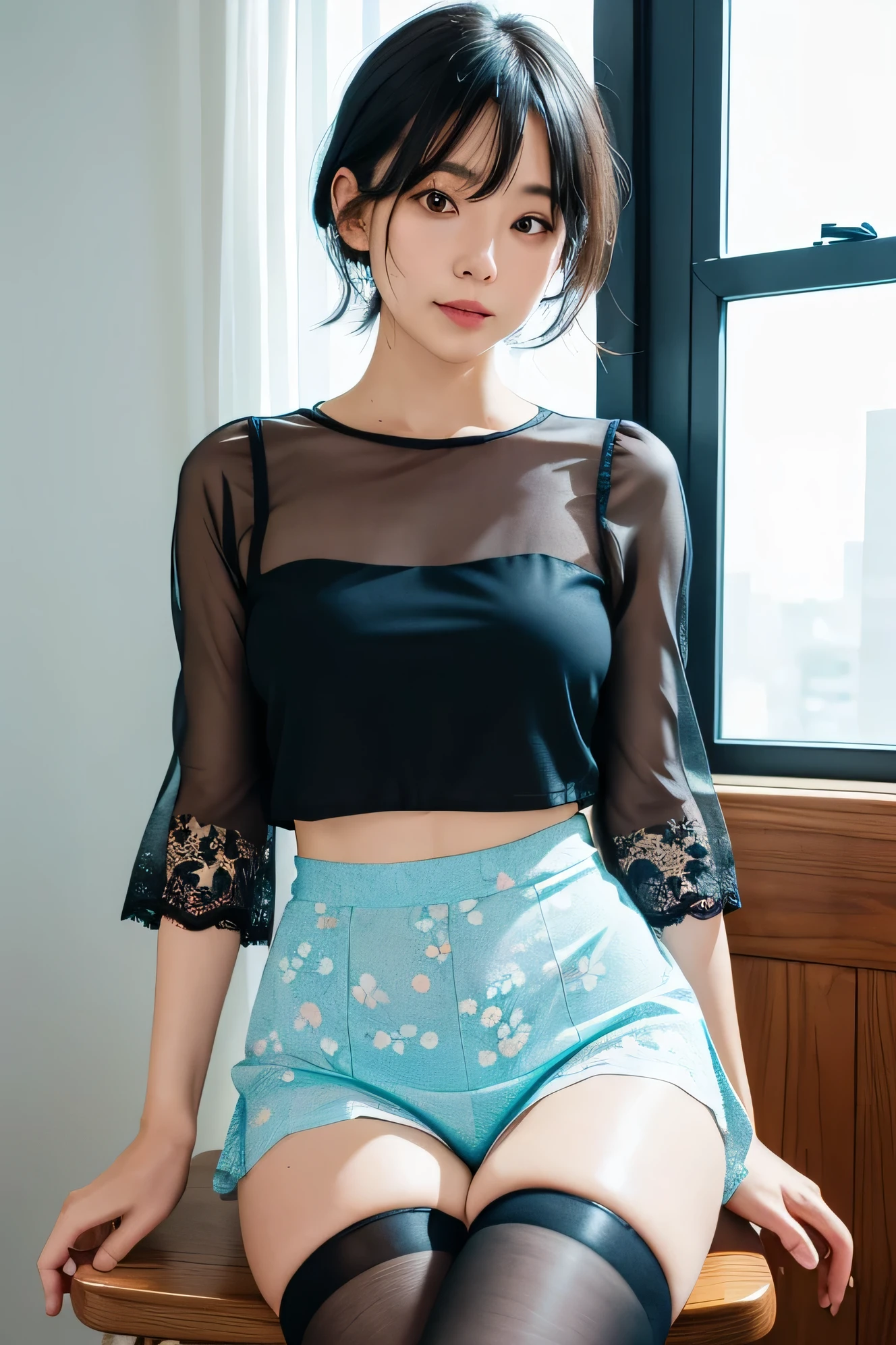 (High Definition), One Female, Japan Person, Cute, Black Hair Short, wearing Floral Print Round Neck Short Bubble Sleeve Blouse & Fake leather miniskirt, Exposing lace hipster briefs WHITE see-through for Female, Solid Minimalist Tights Baby blue, nsfw, Straddling a chair, spread leggs, by window at large Coffee & Sweets room, Cup of coffee, Natural Light,